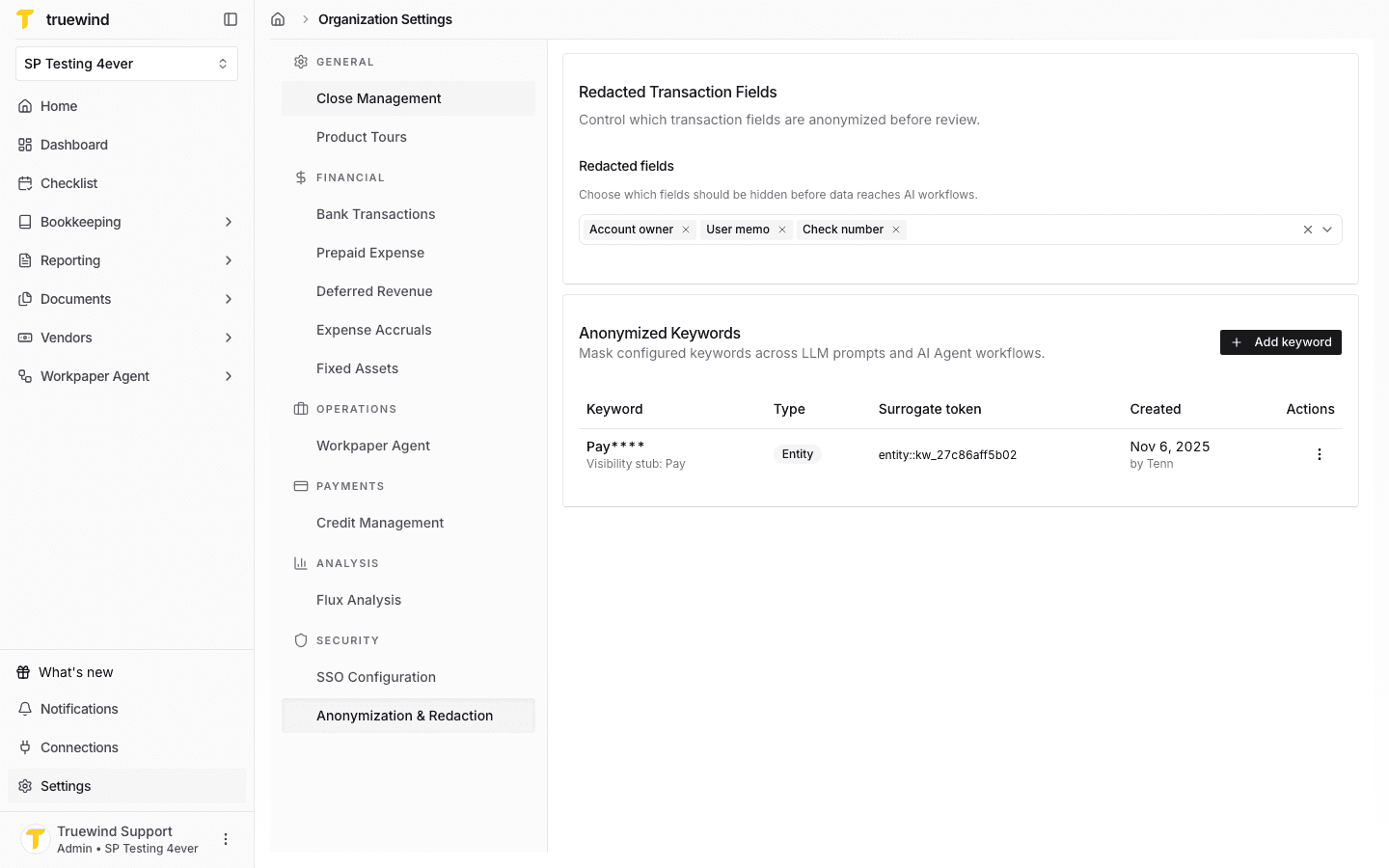 Screenshot showing Organization Settings with Anonymization & Redaction selected in the Security section.