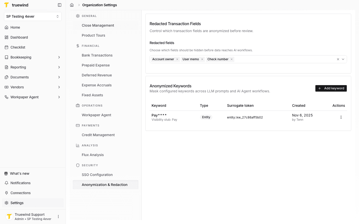 Screenshot showing the Redacted Transaction Fields card with selected fields displayed as chips.