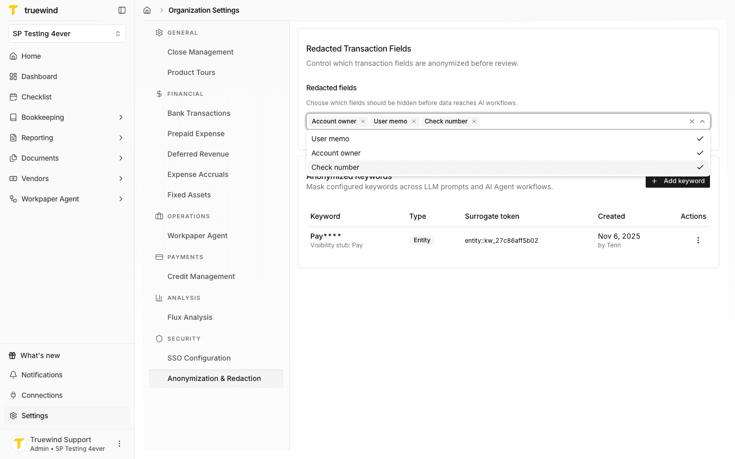 Screenshot showing the redacted fields menu with User memo, Account owner, and Check number selected.
