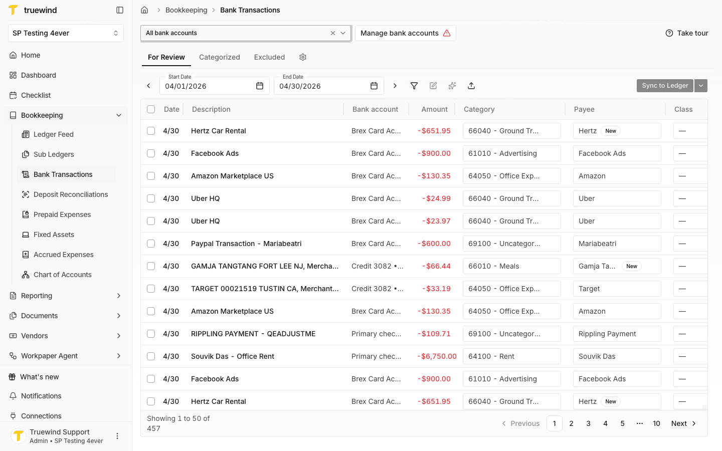 Screenshot showing Bank Transactions with all bank accounts selected and transaction rows visible.