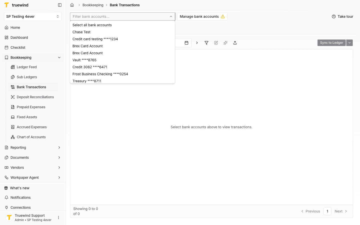 Screenshot showing the bank account picker open on the Bank Transactions page.