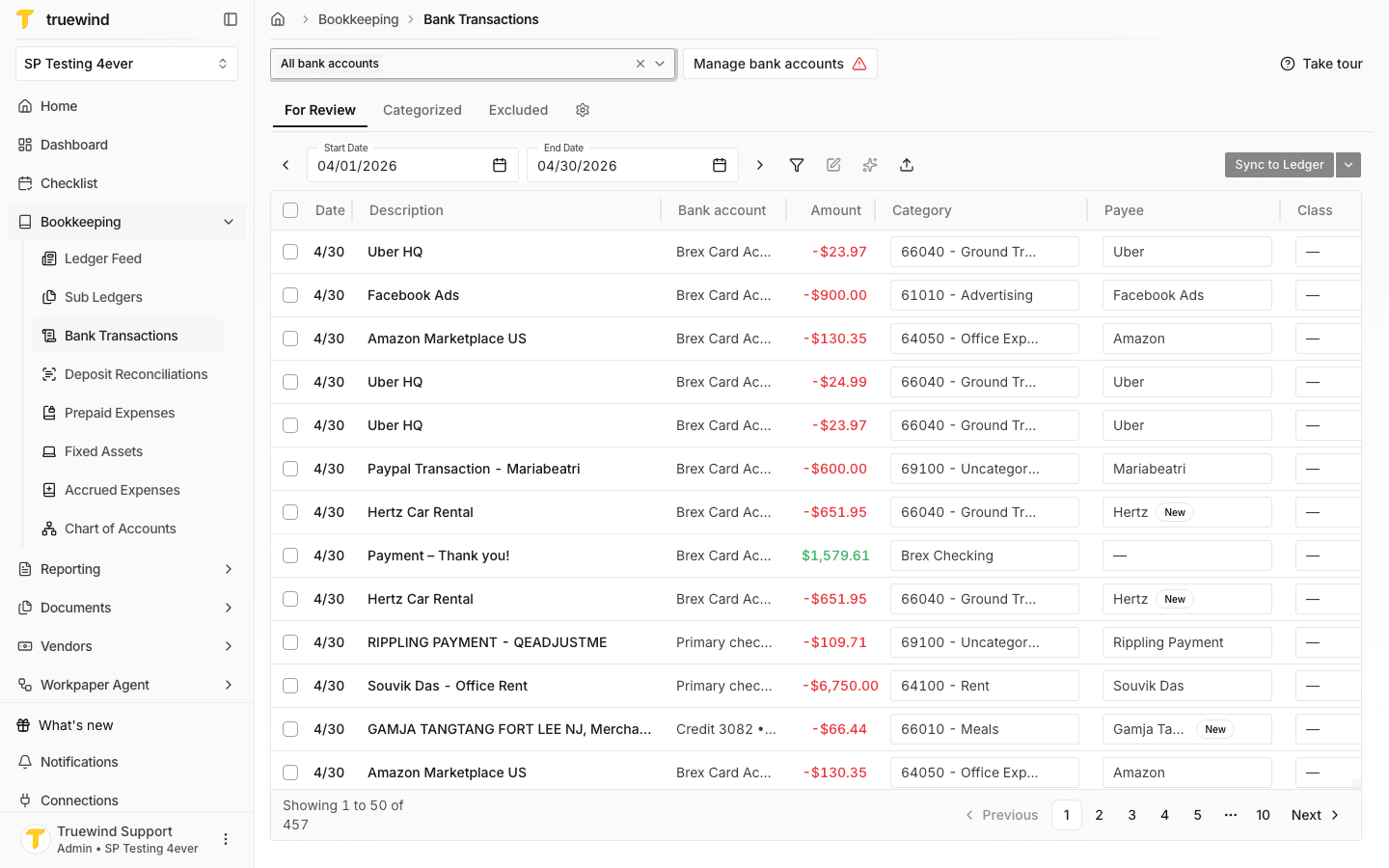 Screenshot showing the For Review transaction queue with all bank accounts selected.