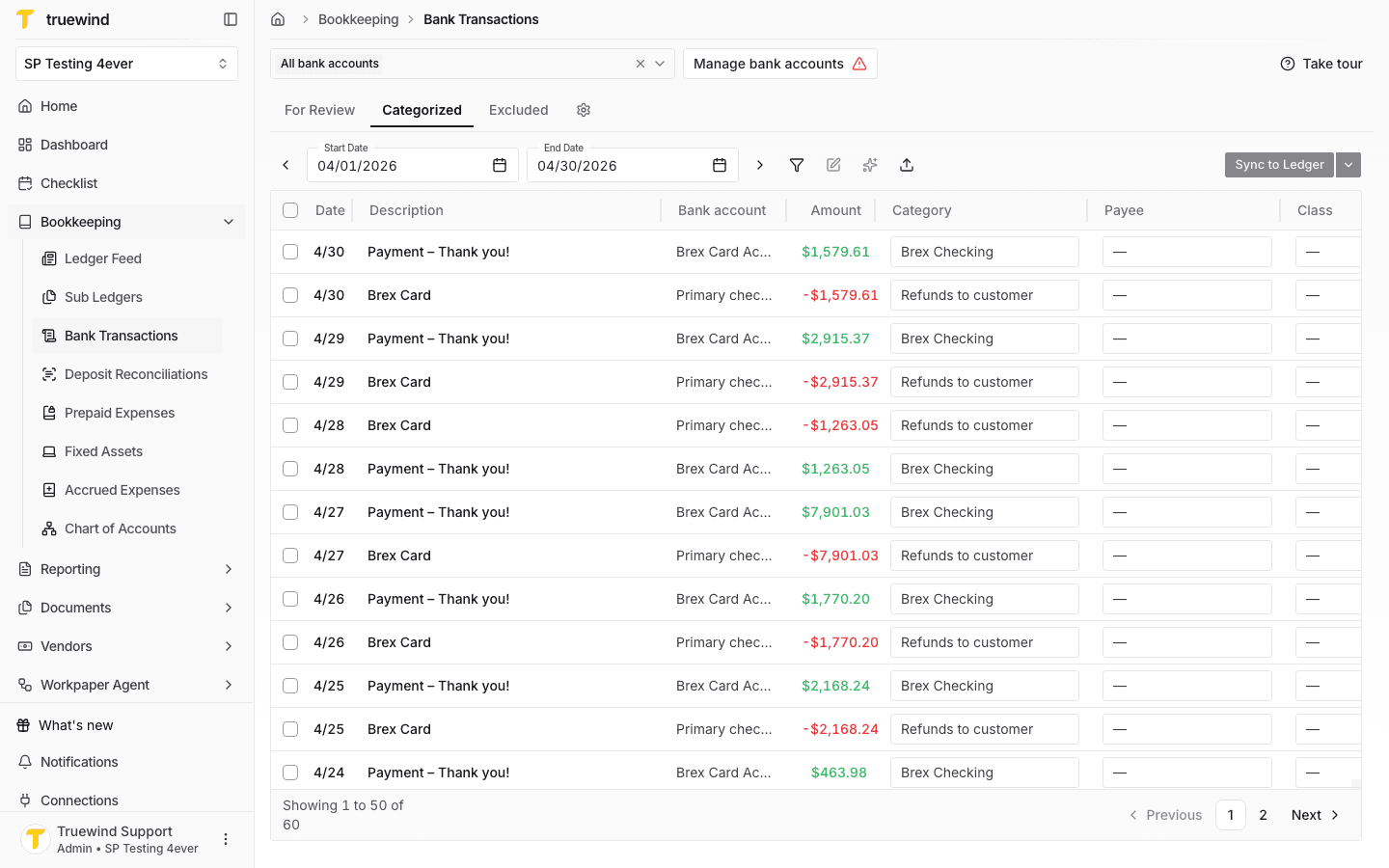 Screenshot showing the Categorized queue with reviewed transaction rows.