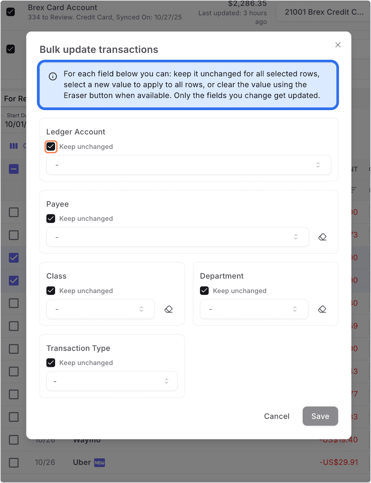 Screenshot showing You can bulk-update only one field at a time while keeping the values of other fields unchanged. By default, all fields remain unchanged until you select a new value from the dropdown for bulk update