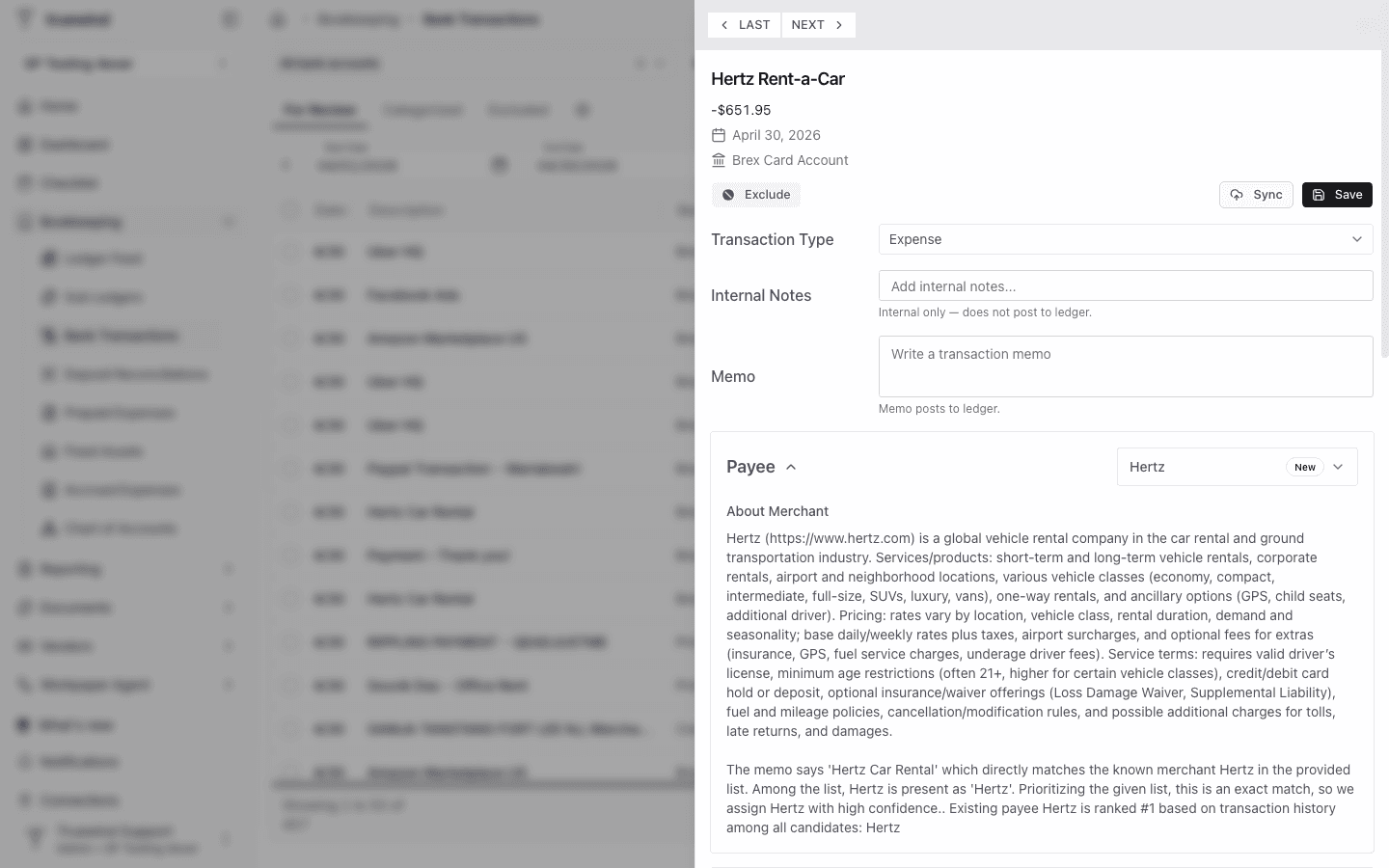 Screenshot showing the transaction detail panel open for a Hertz transaction.