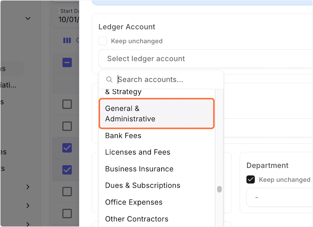 Screenshot showing Select New Ledger Account from the Dropdown