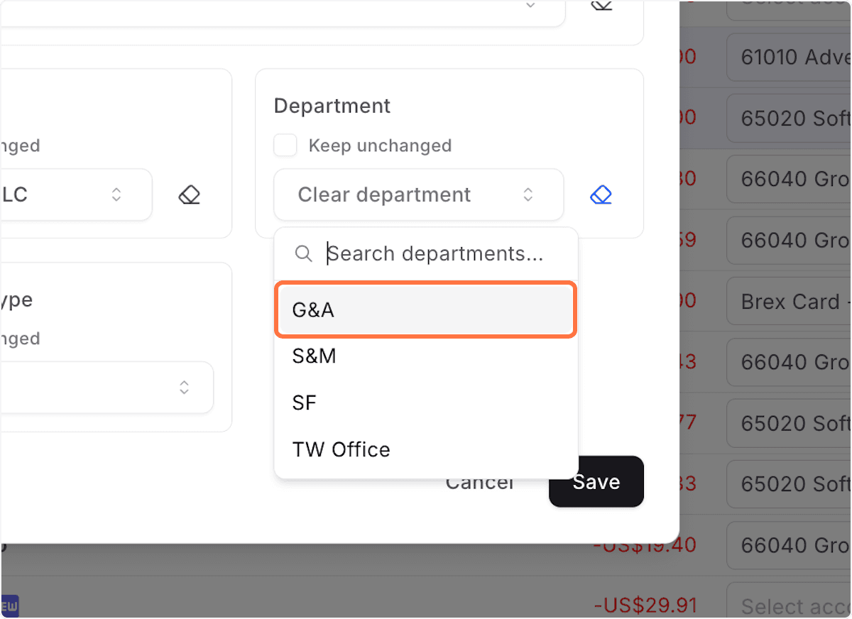 Screenshot showing Click G&A