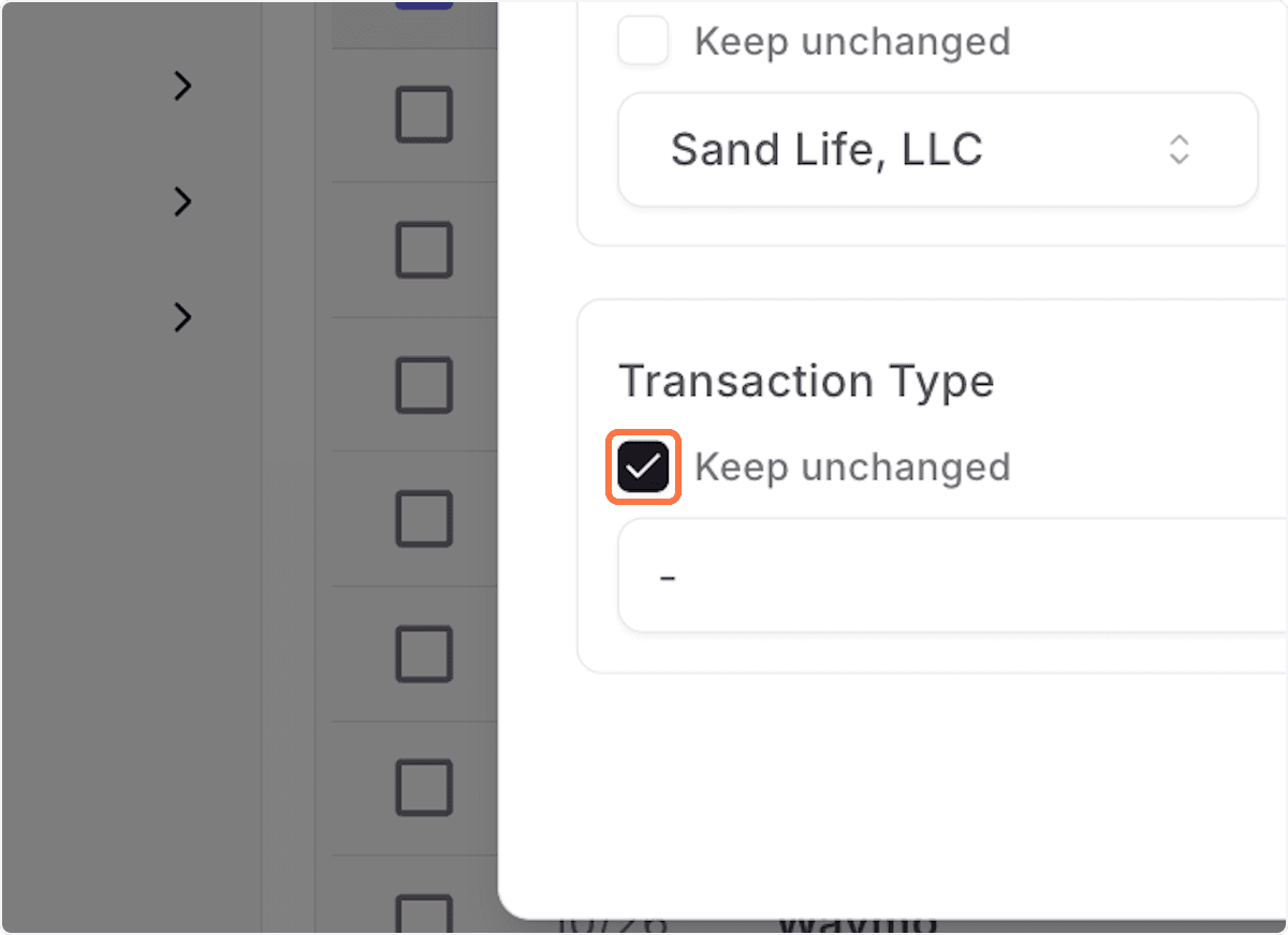 Screenshot showing Uncheck Keep transaction type unchanged and select from dropdown
