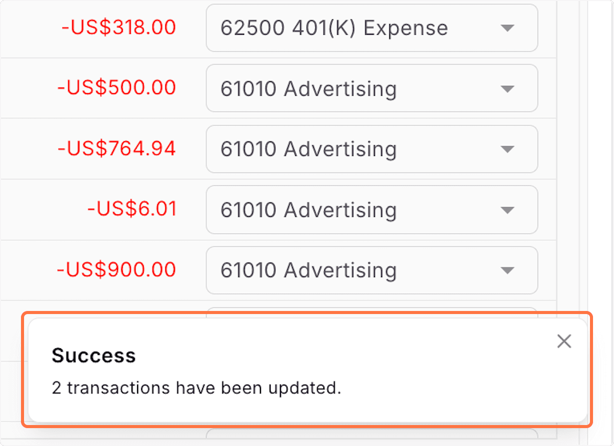 Screenshot showing You will see a notification saying transactions have been updated. You will find the bulk-updated values in each field