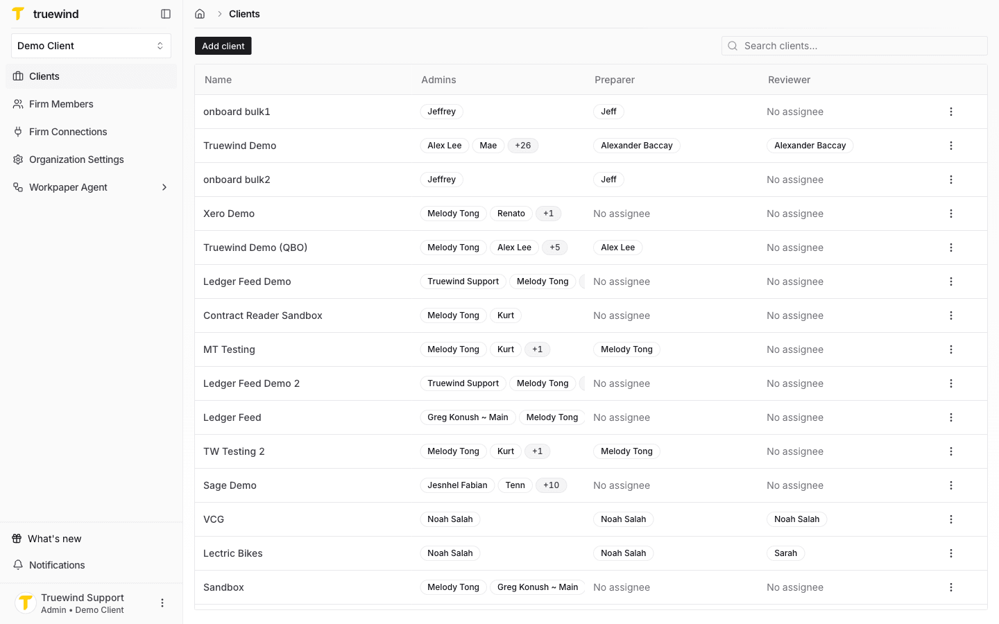 Screenshot showing start in Truewind on Clients so the Add client button and client list are available