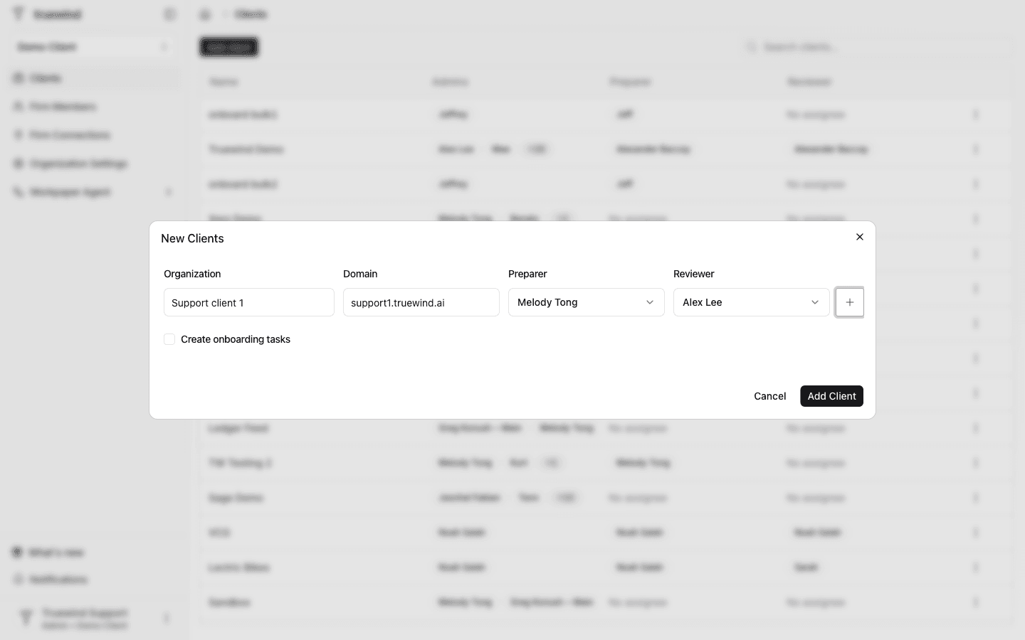 Screenshot showing enter all details of your first client: organization name, domain, preparer, reviewer and optionally the creation of onboarding tasks. Once ready, click on the plus button
