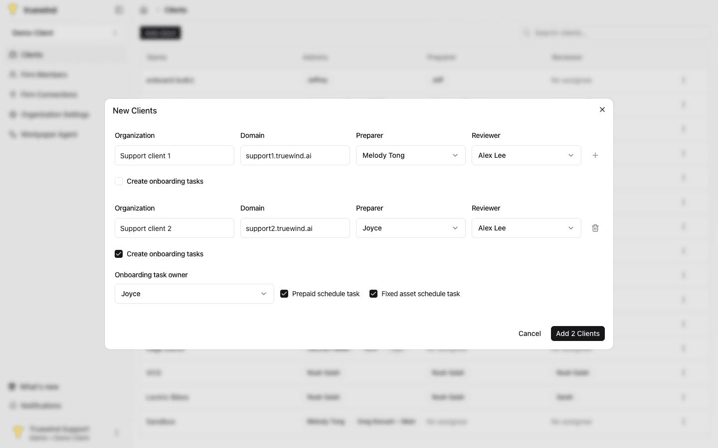 Screenshot showing enter all details of your next client: organization name, domain, preparer, reviewer and optionally the creation of onboarding tasks. If you have more clients to add, click on the plus button again and repeat this step