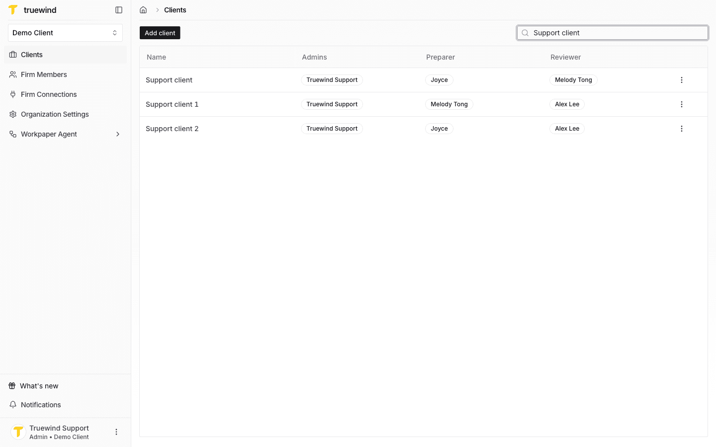 Screenshot showing use the search bar to confirm your new clients have been properly added