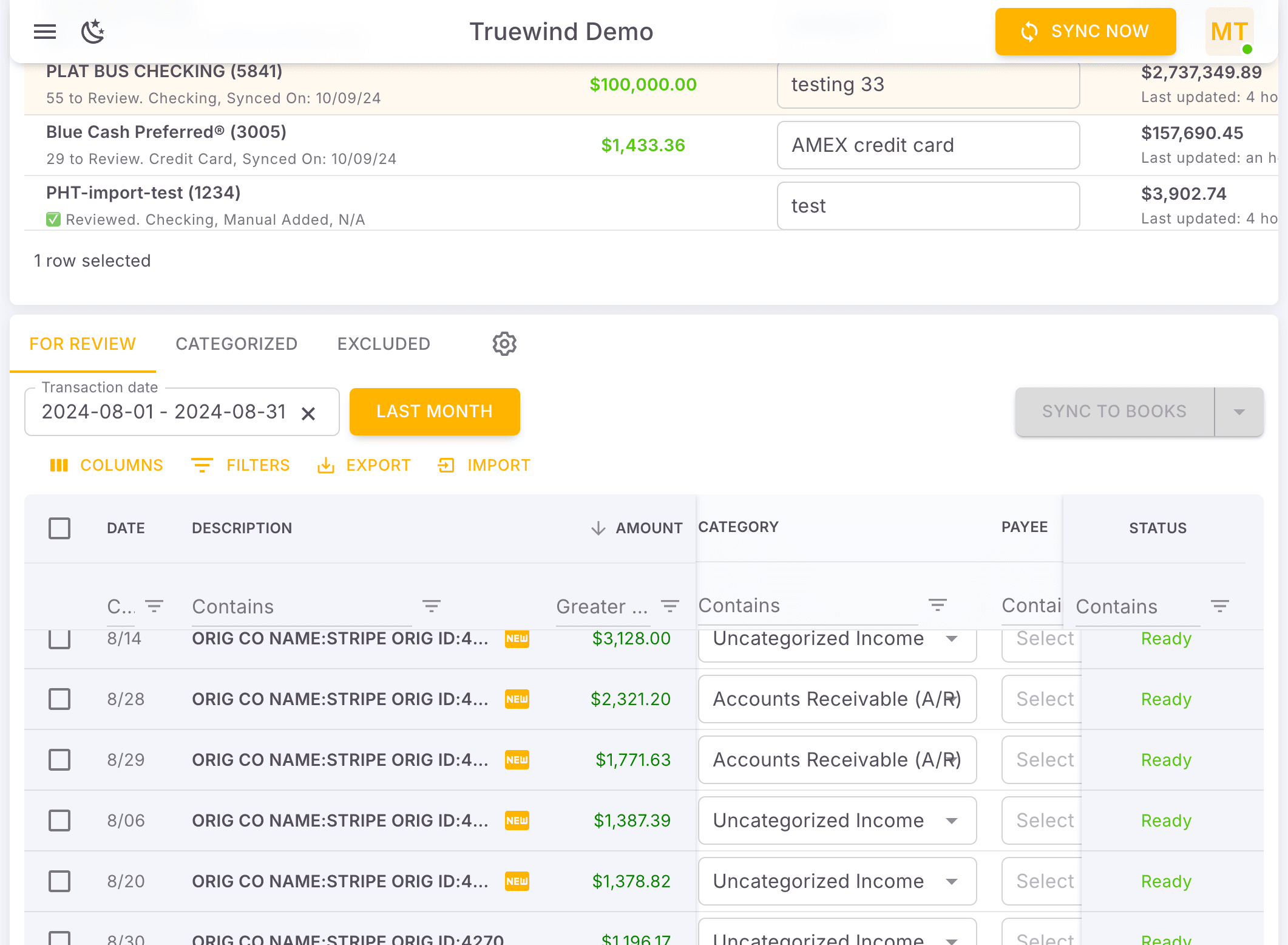 Screenshot showing Under FOR REVIEW, you will see a list of transactions