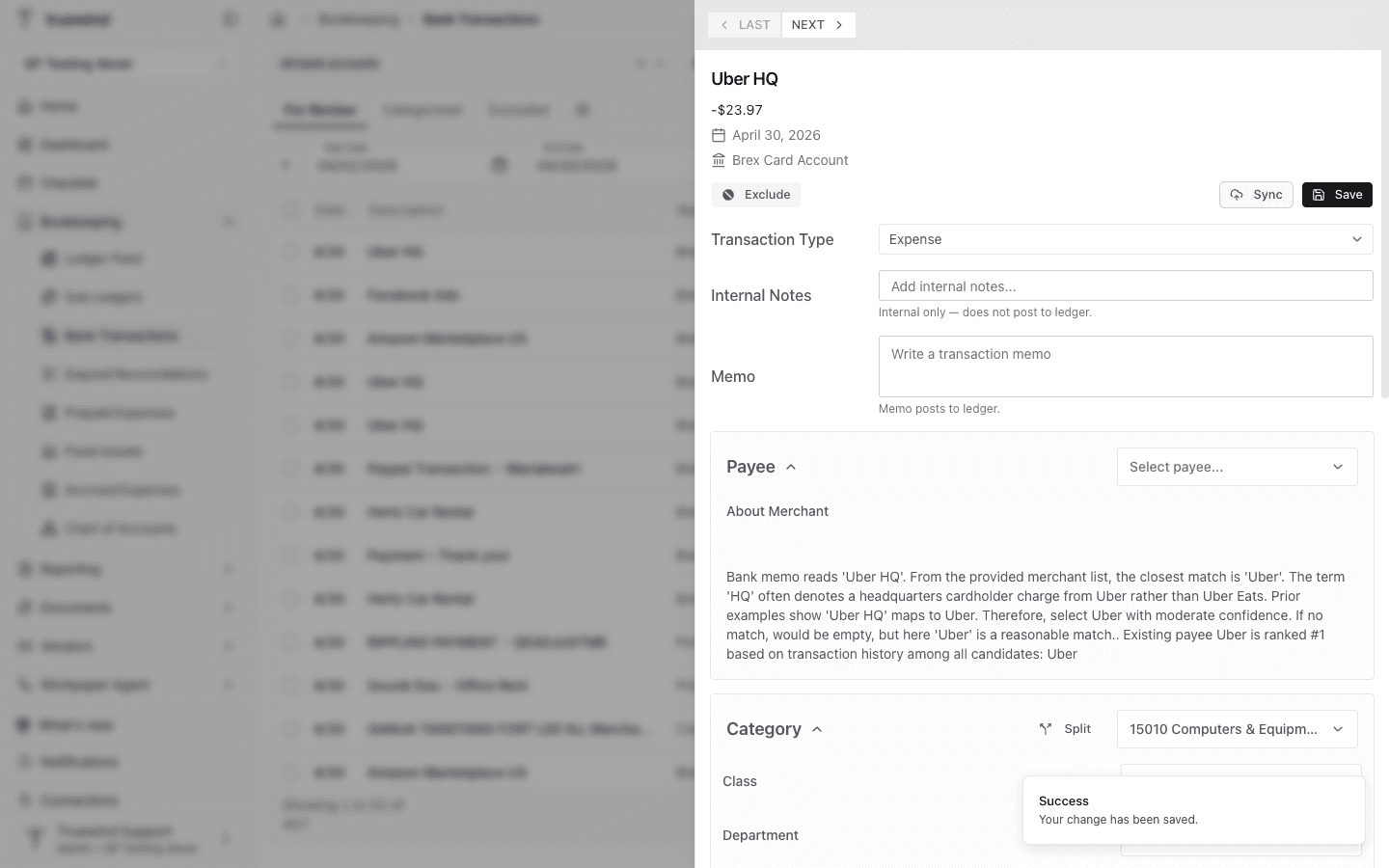 Transaction detail panel showing the fixed asset category and editable transaction fields.