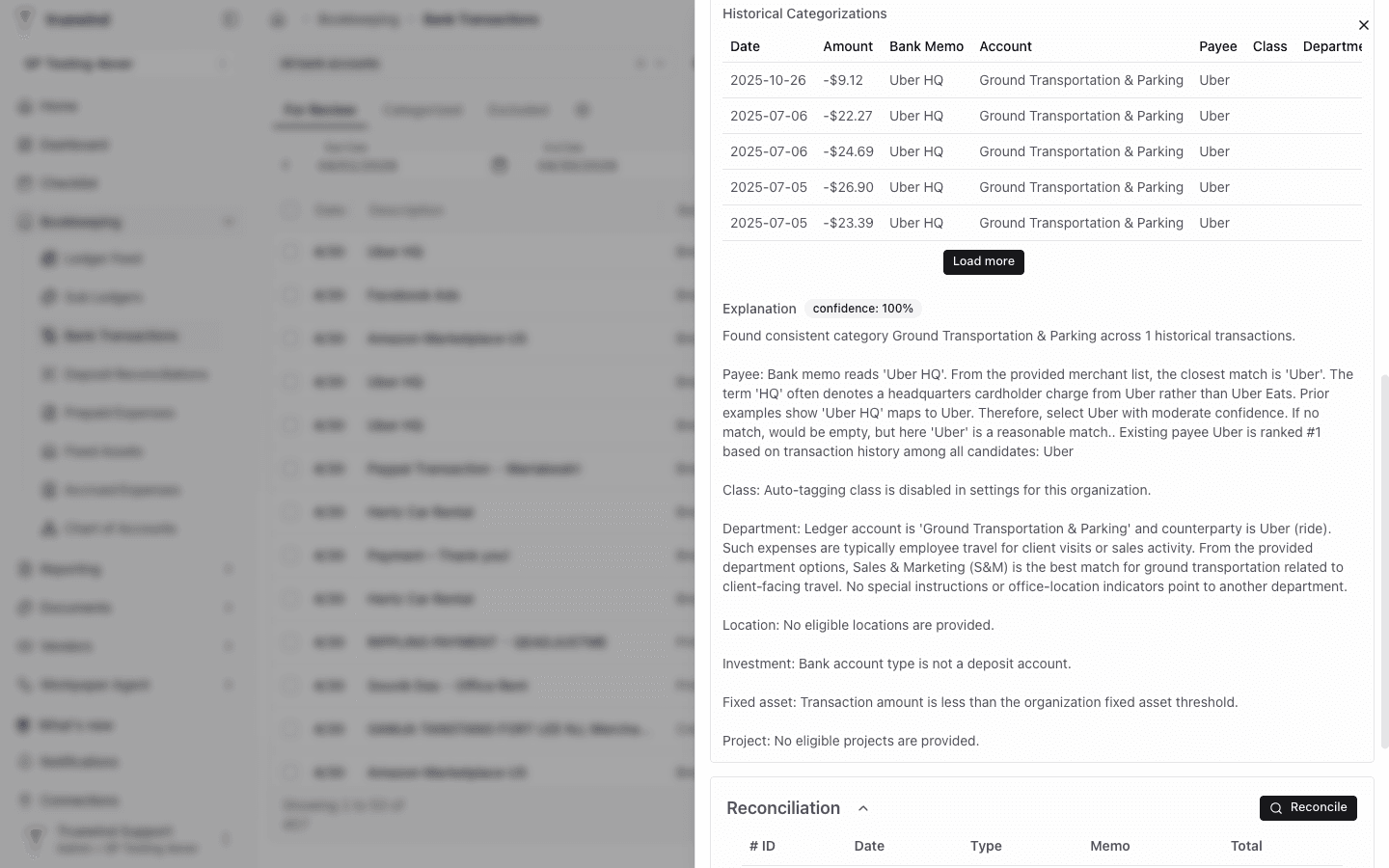 Transaction detail panel showing historical categorization context and explanations.