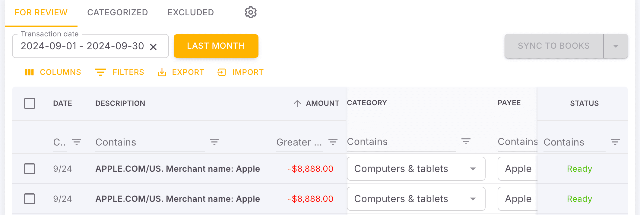 Screenshot showing The transactions have been categorized by Truewind