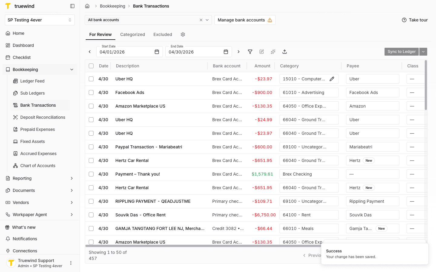 Bank Transactions table with Sync to Ledger available after categorization.