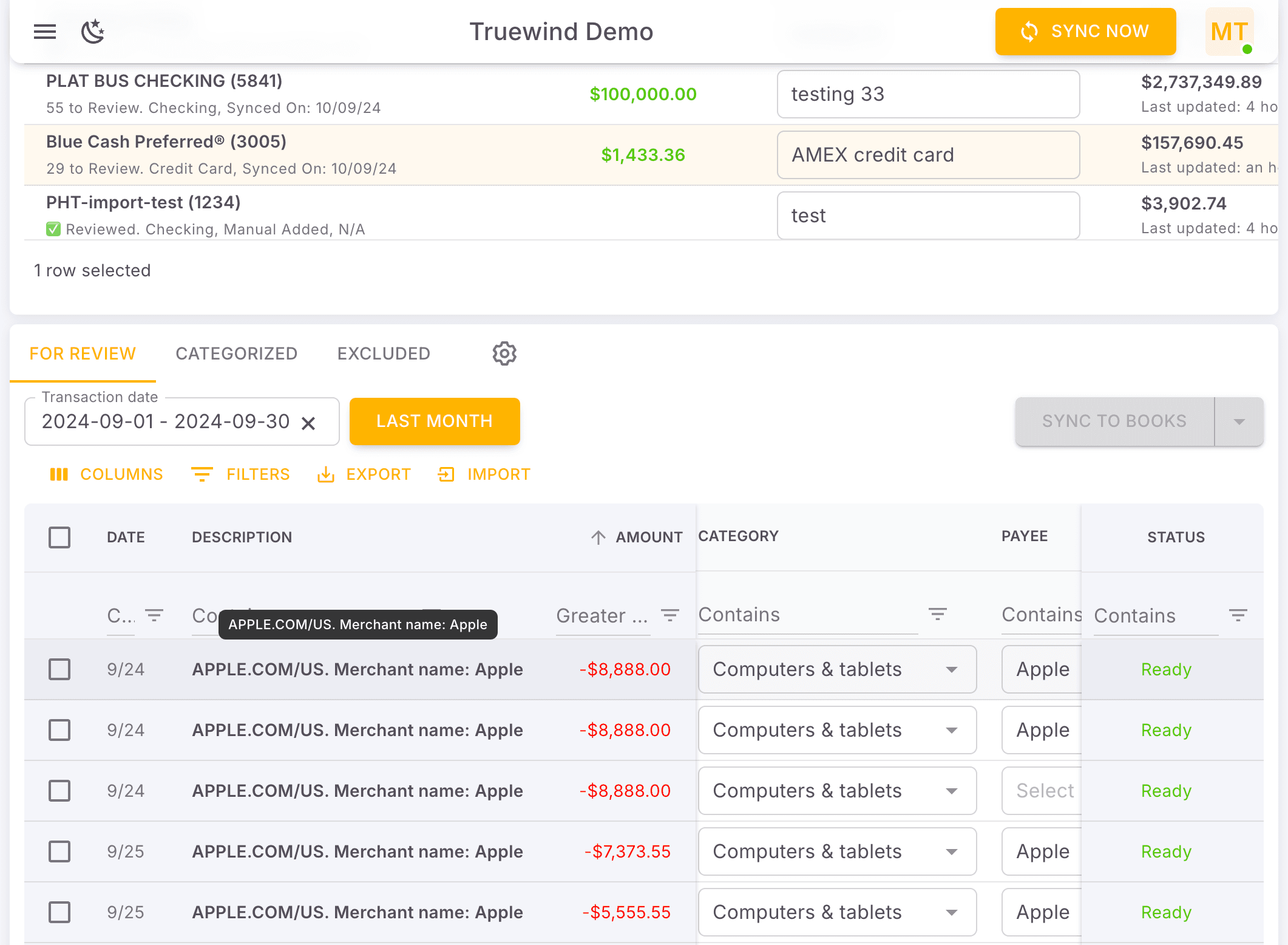 Screenshot showing Select one transaction