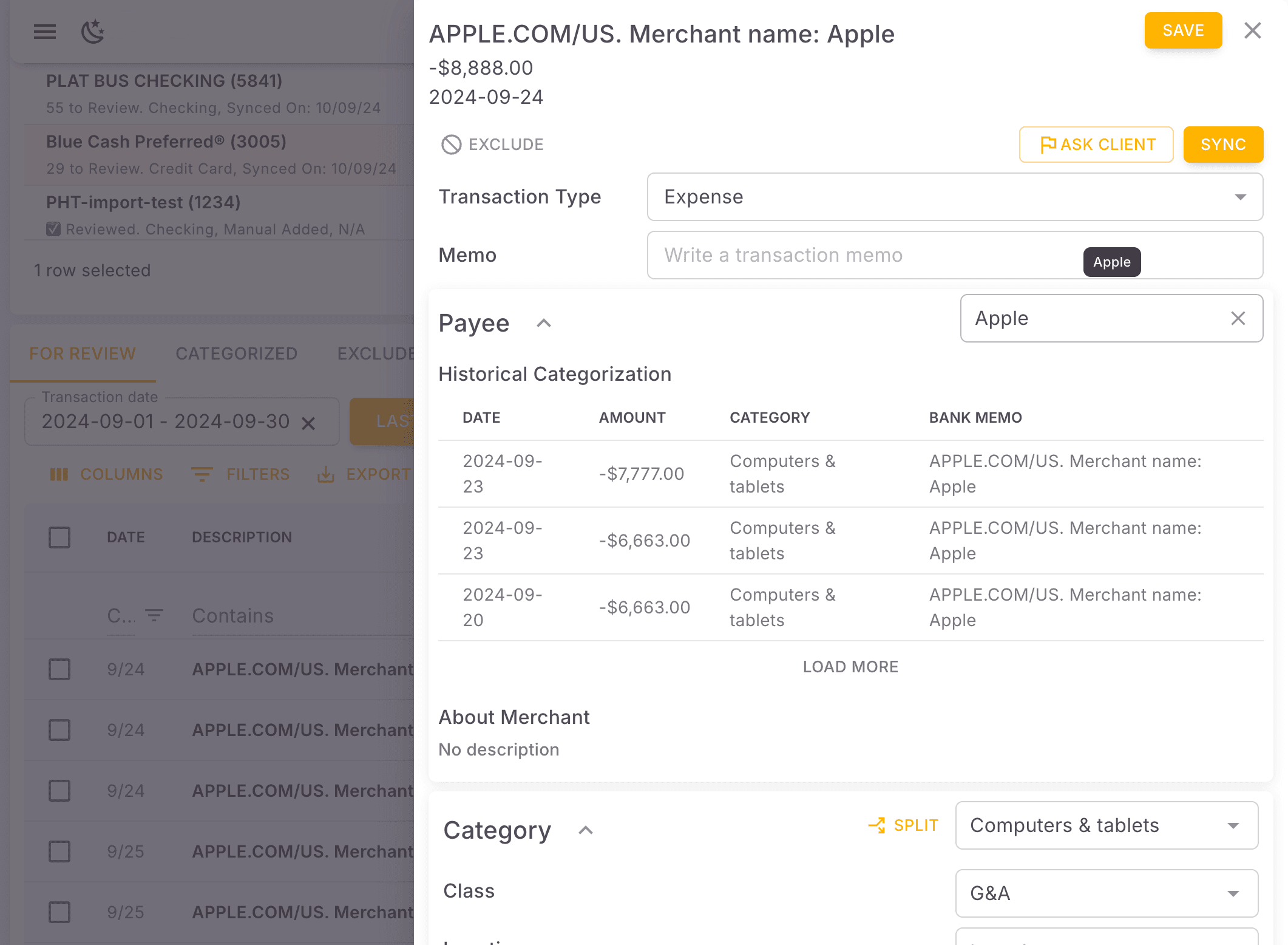 Screenshot showing On the side bar, you will find "payee"