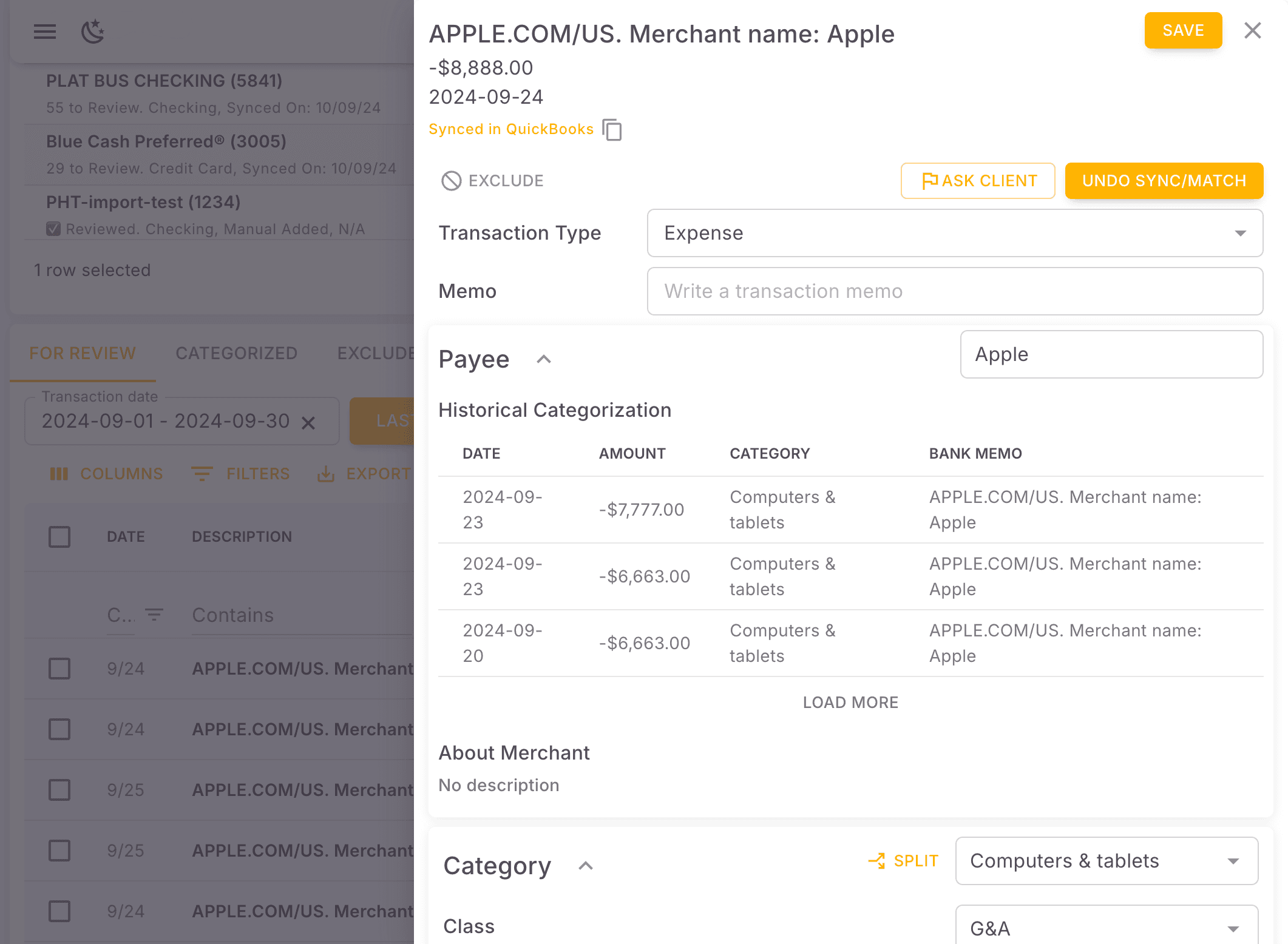 Screenshot showing You can check the synced transaction by clicking "Synced in Quickbooks"