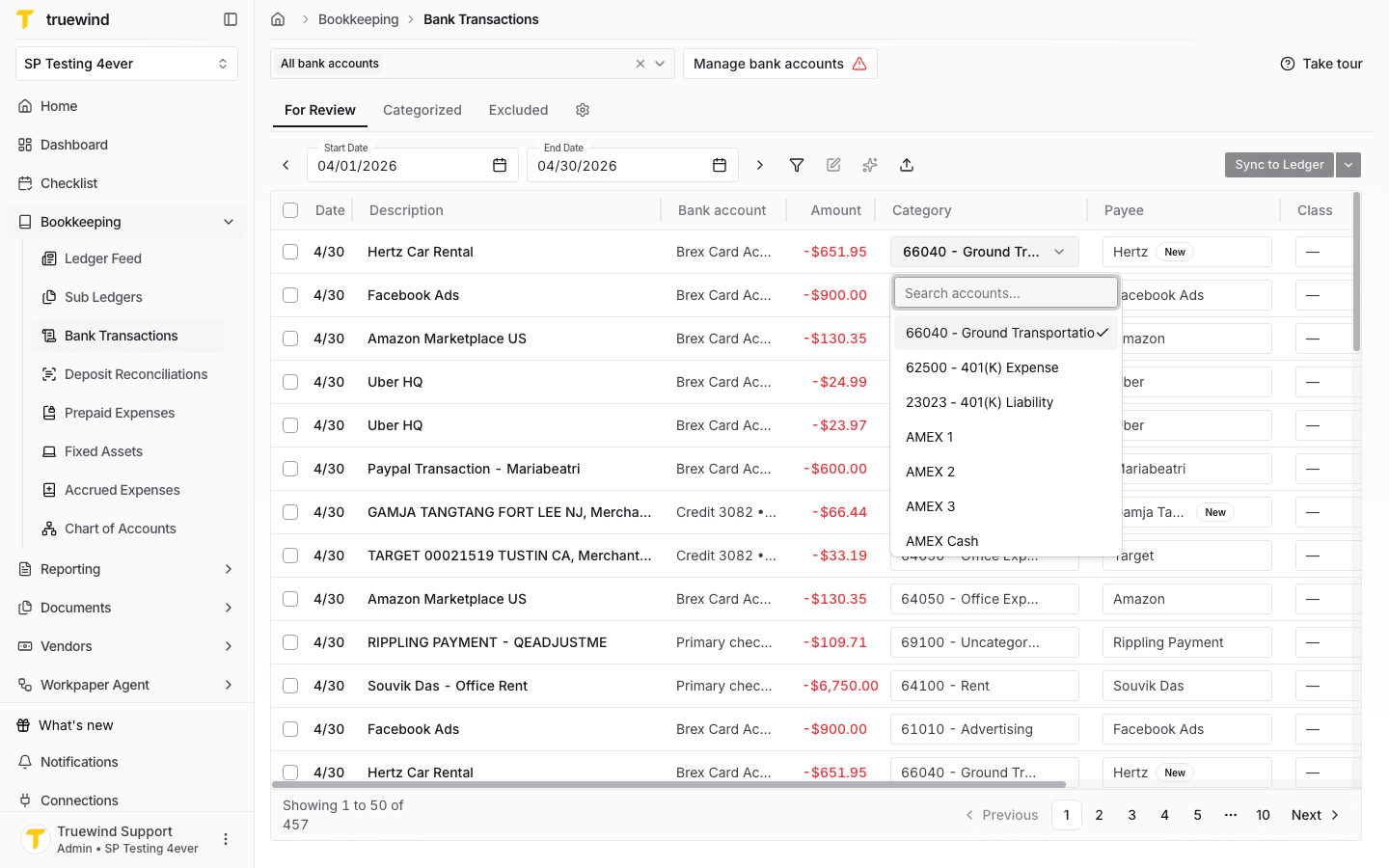 Screenshot showing the chart-of-account picker open from a transaction row.