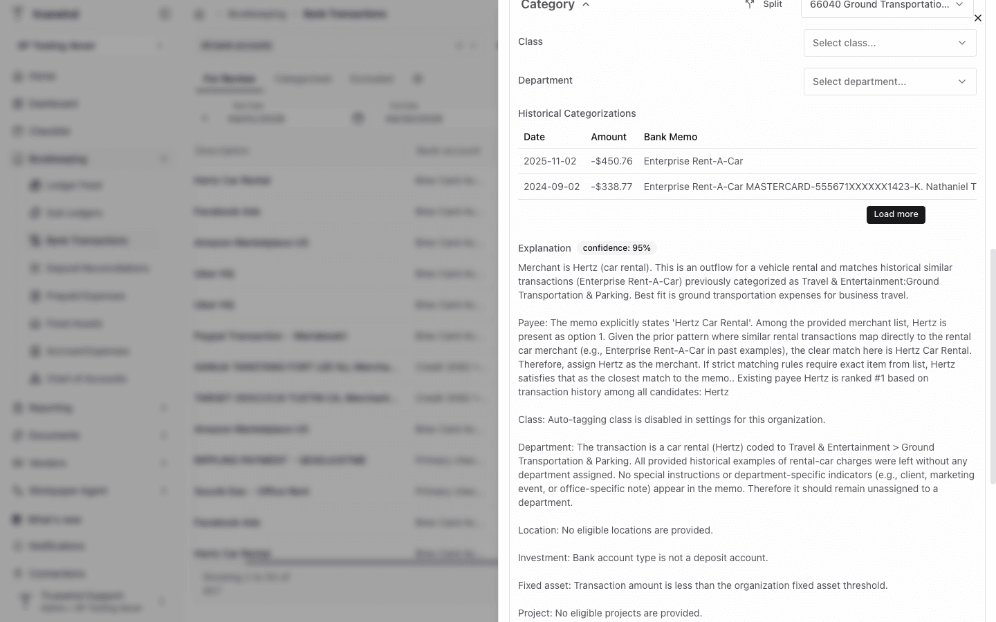 Screenshot showing the transaction detail panel Category section with ledger account, class, department, history, and explanation.