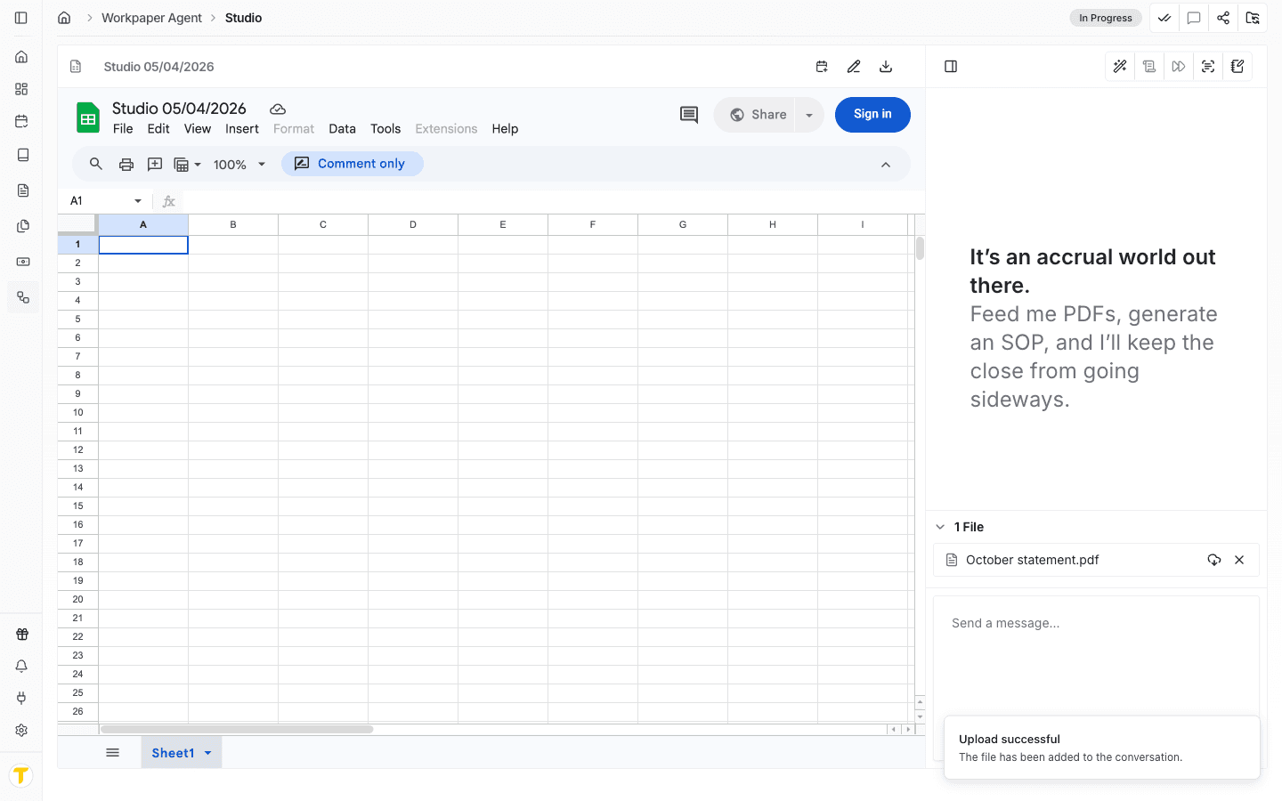 Screenshot showing add the PDF to the uploads panel for the current workpaper instead of sending it as text in chat