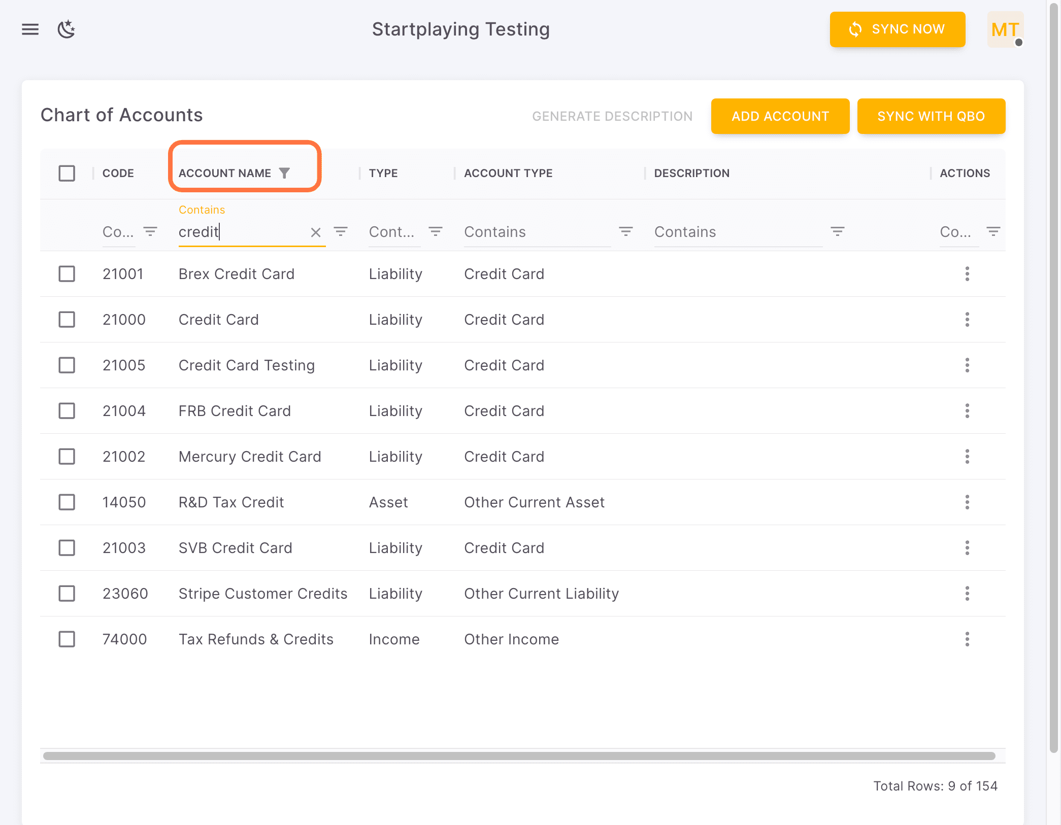 Screenshot showing You can filter the accounts by typing account name or click on the "Filter" icon