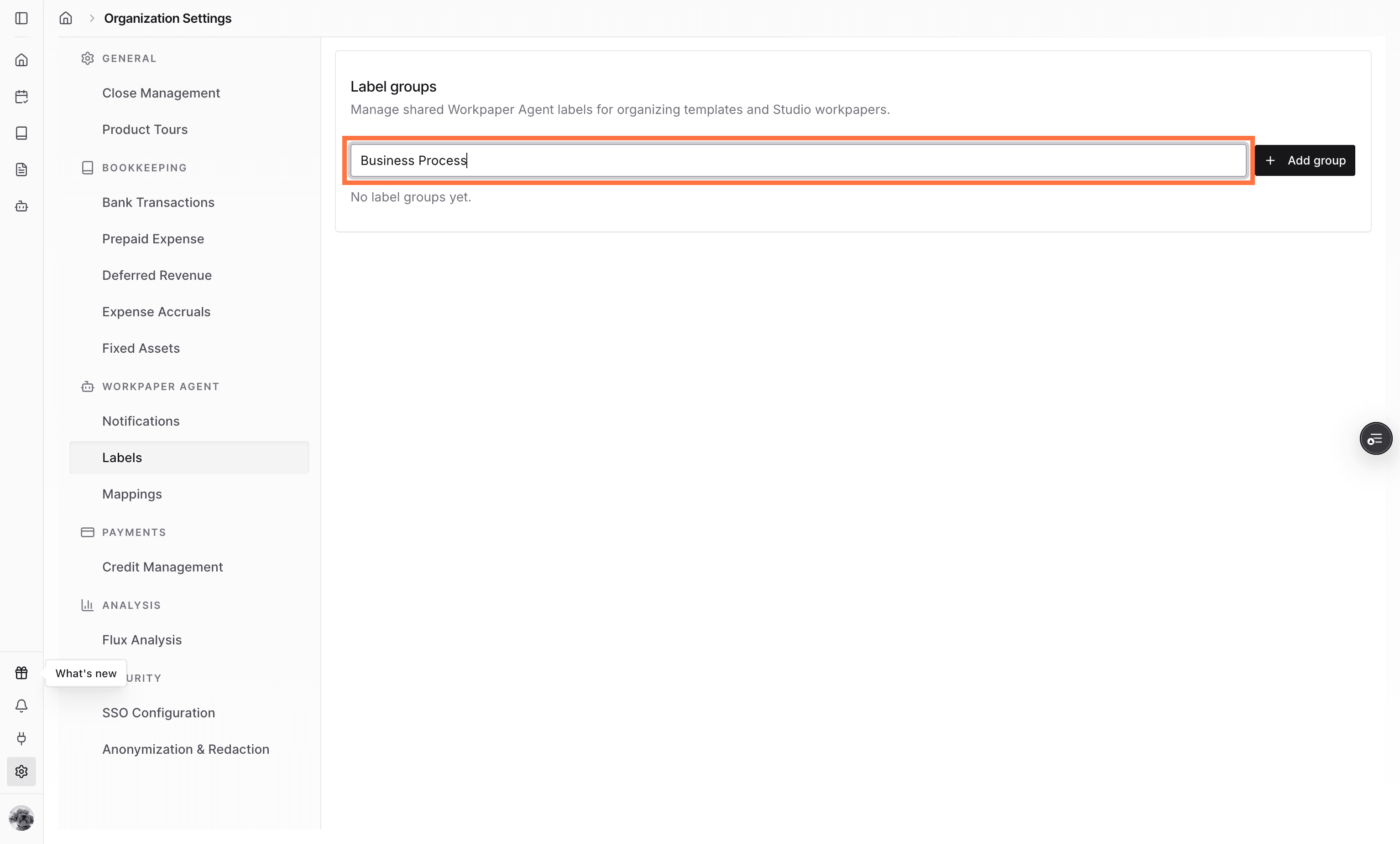 Screenshot showing the new label group name field