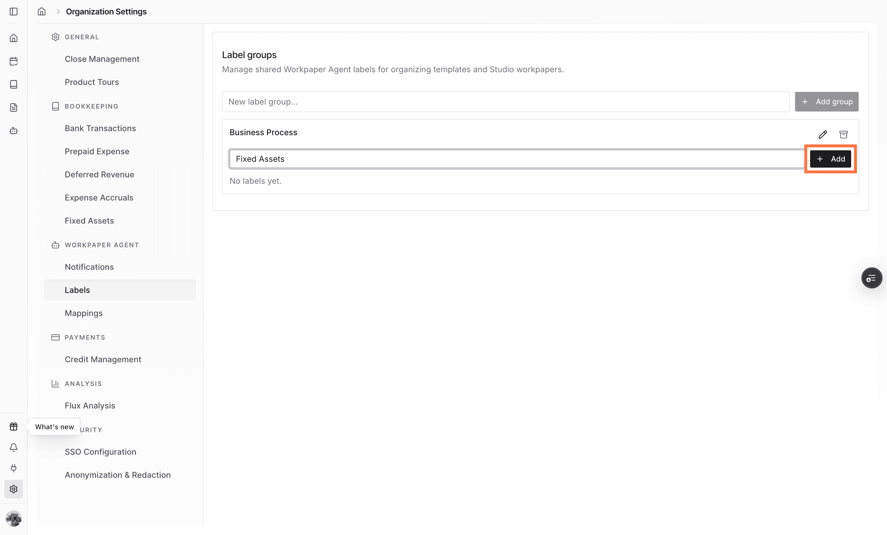Screenshot showing the Add action for a new label