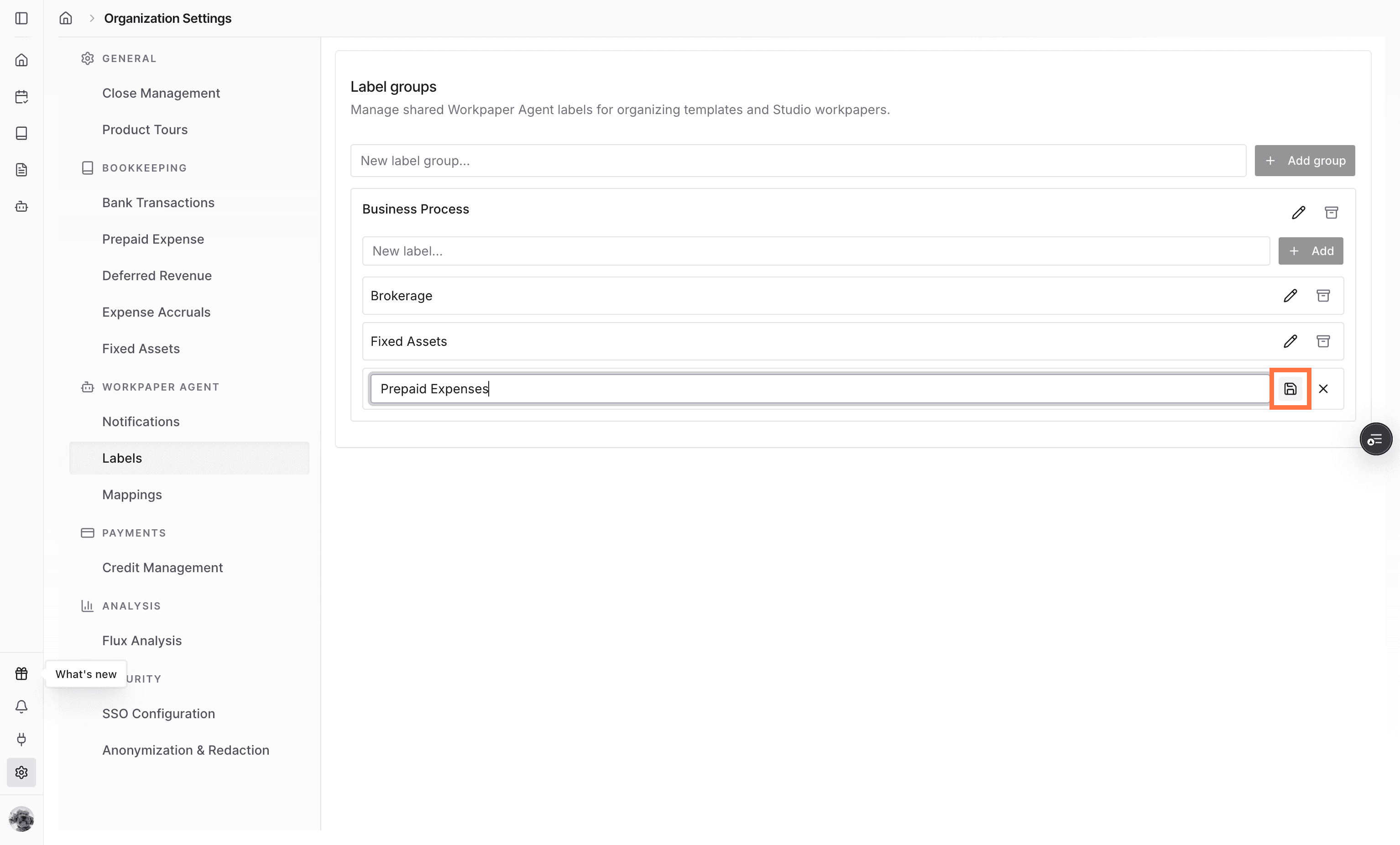 Screenshot showing the save action for a renamed label