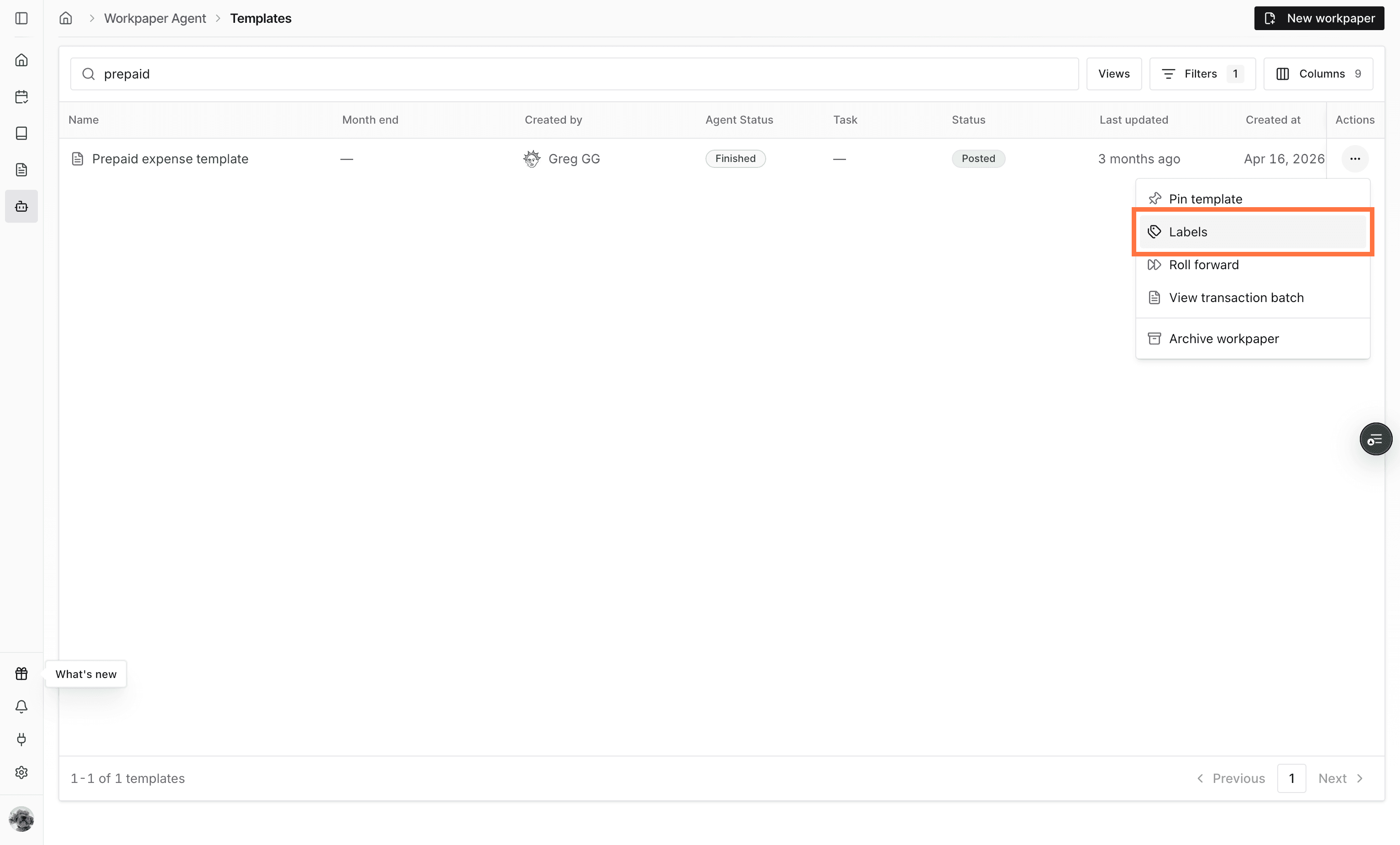 Screenshot showing the Labels action in the template actions menu