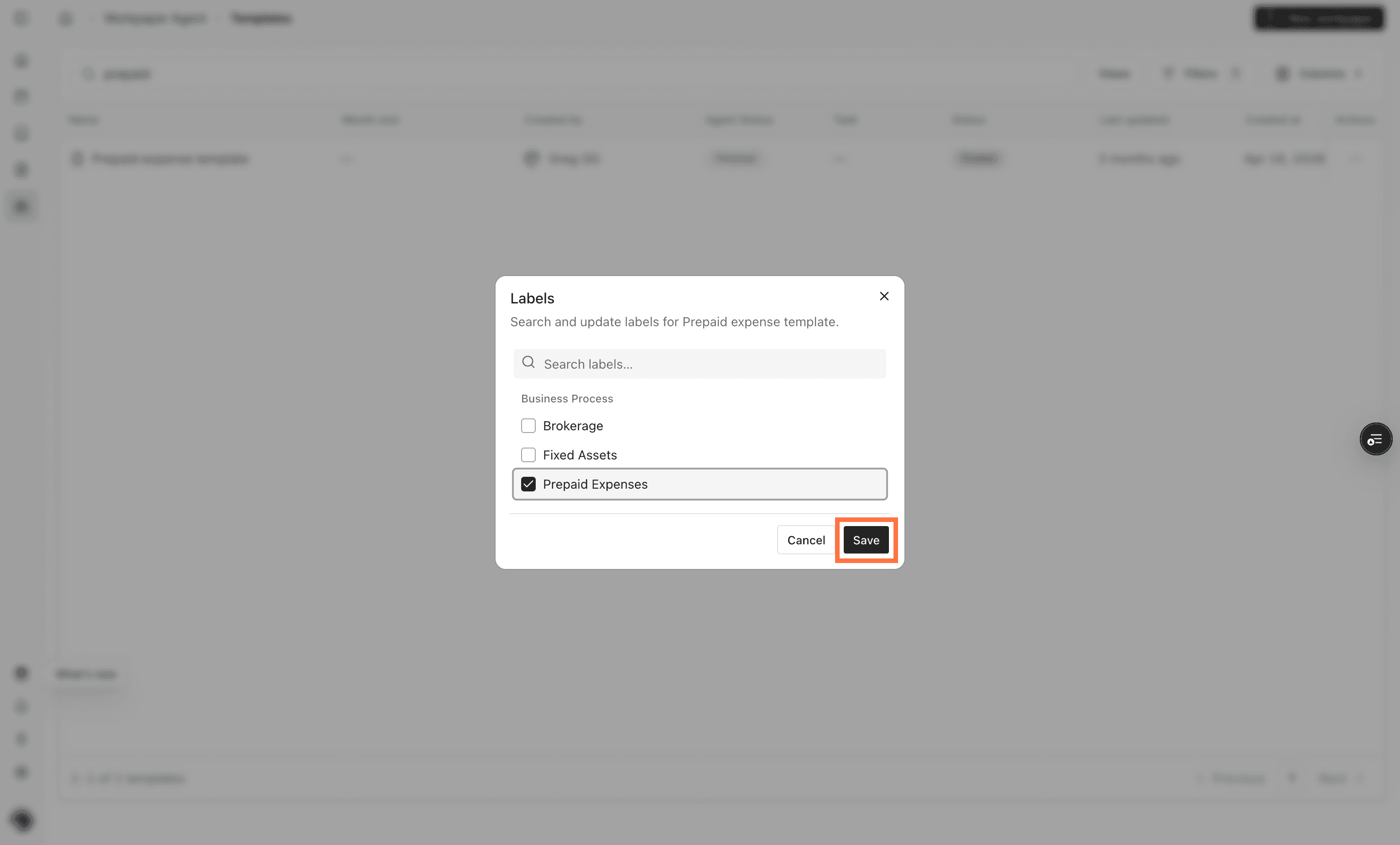 Screenshot showing a selected label and the Save action