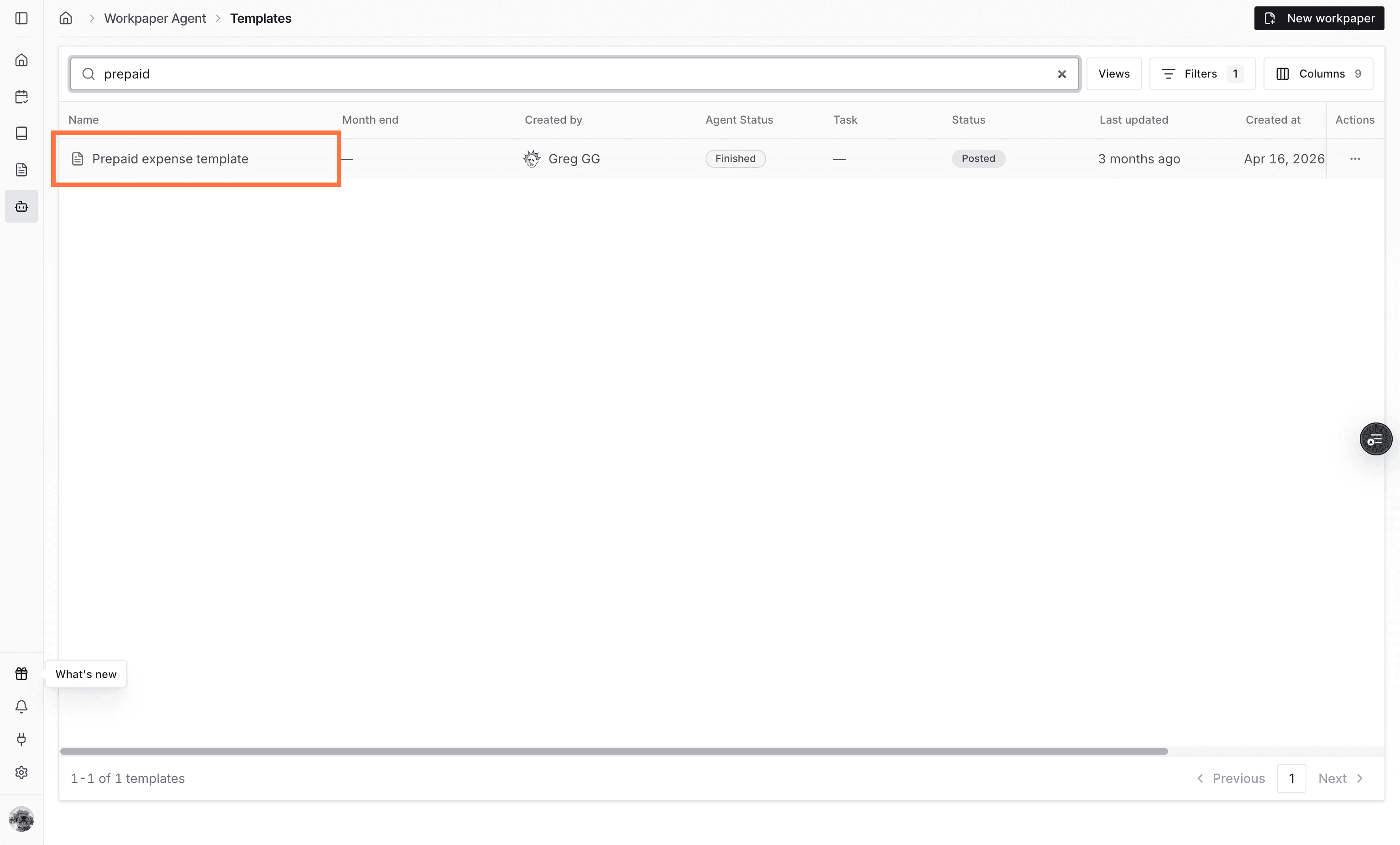 Screenshot showing a Workpaper Agent template in Studio