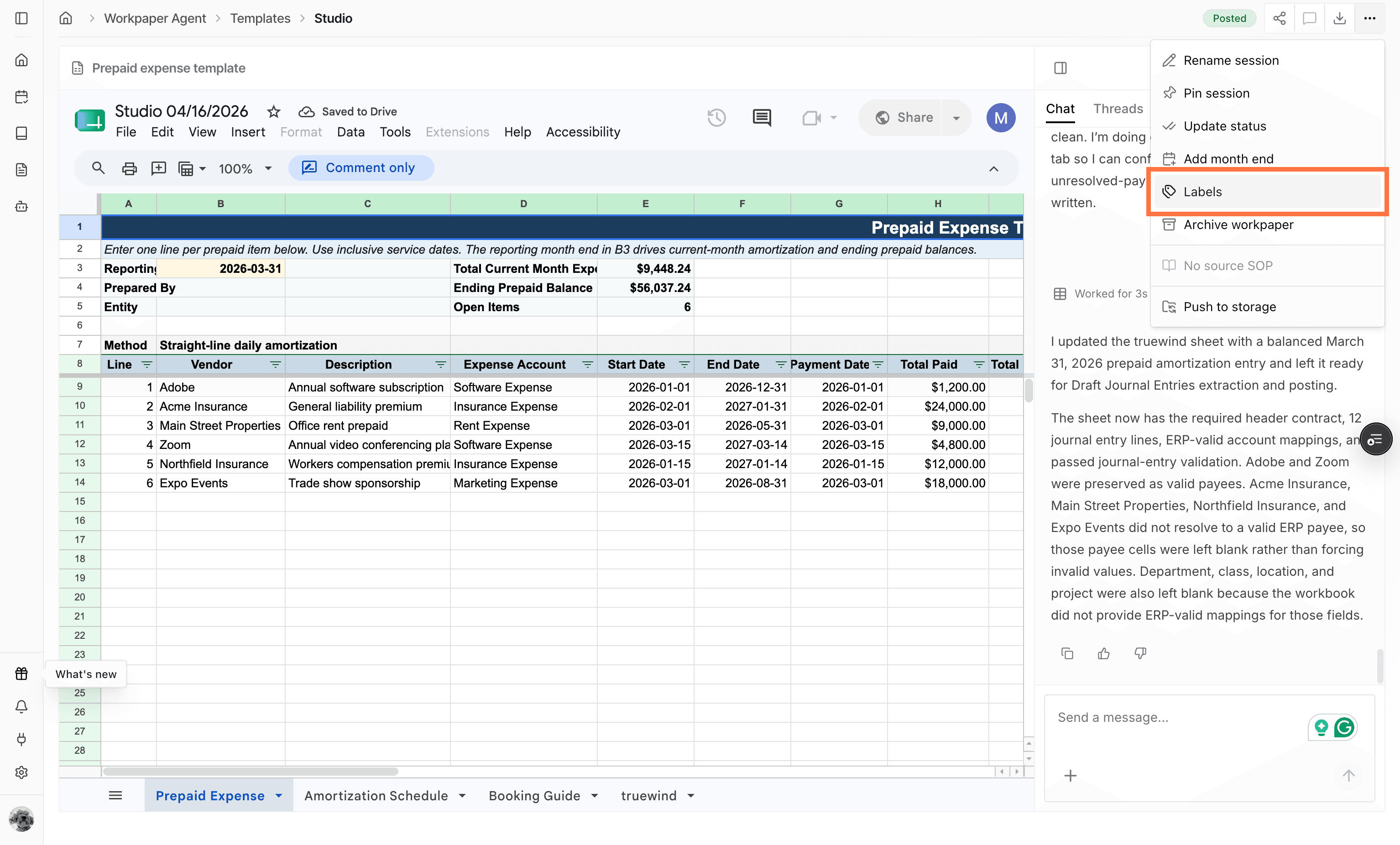 Screenshot showing the Labels option in the workpaper actions menu