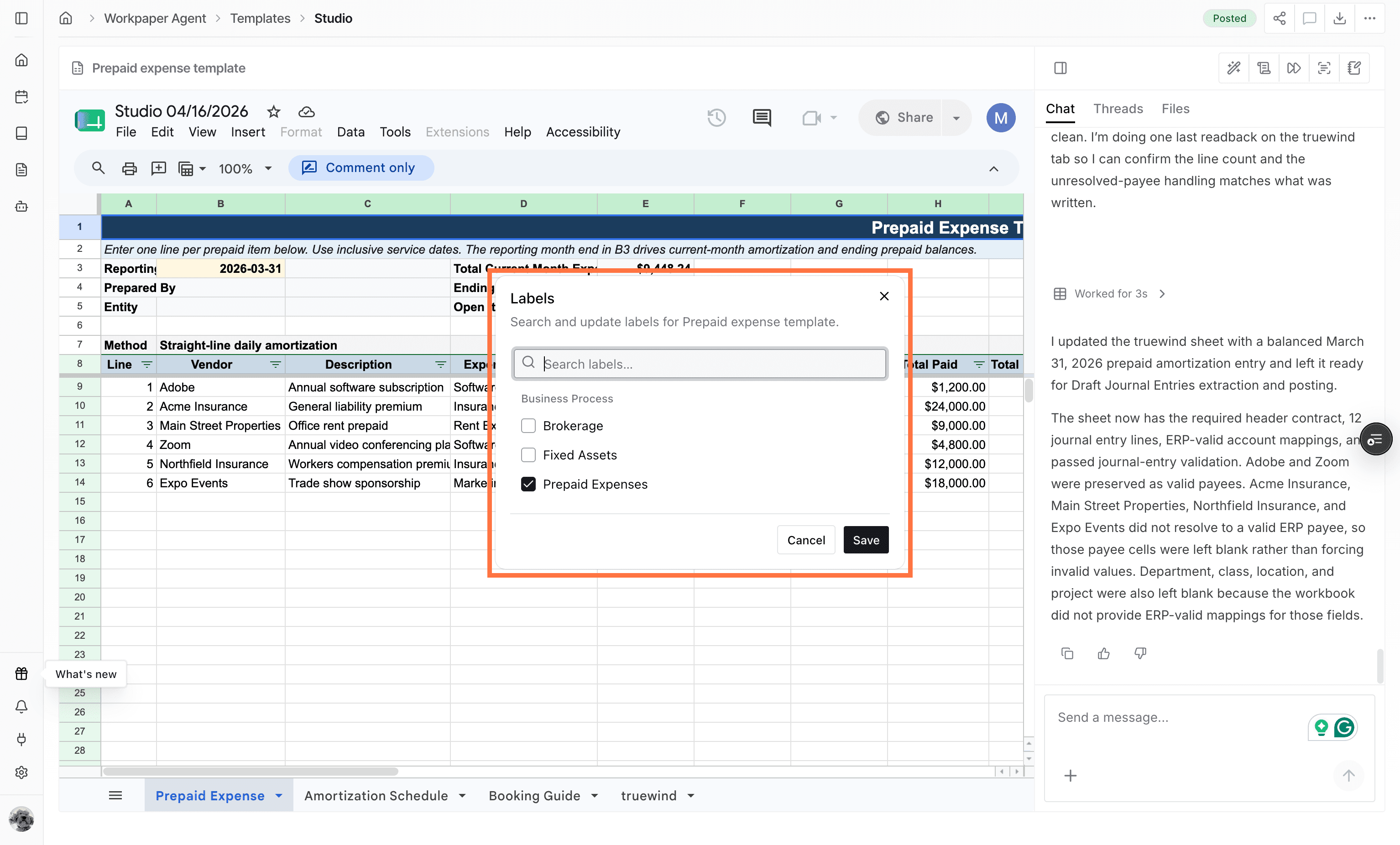 Screenshot showing the labels picker for a workpaper