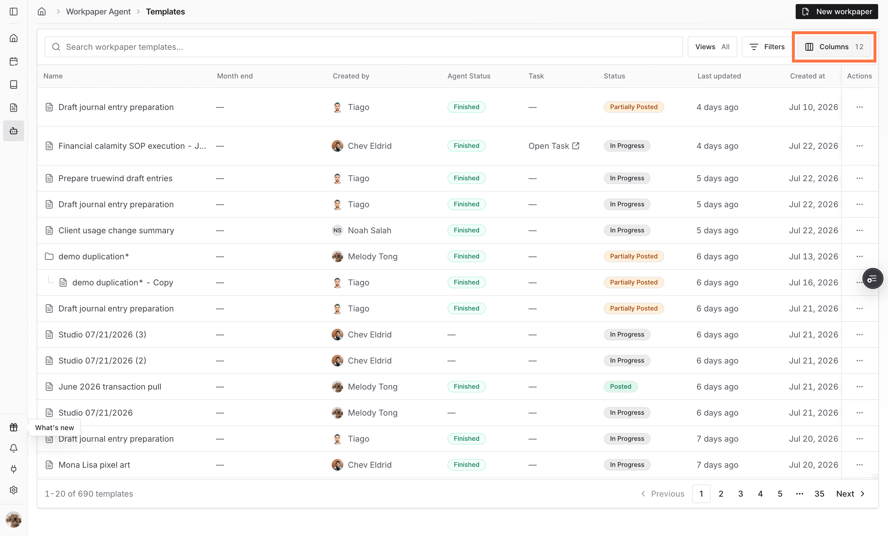 Screenshot showing the Columns action in the template list