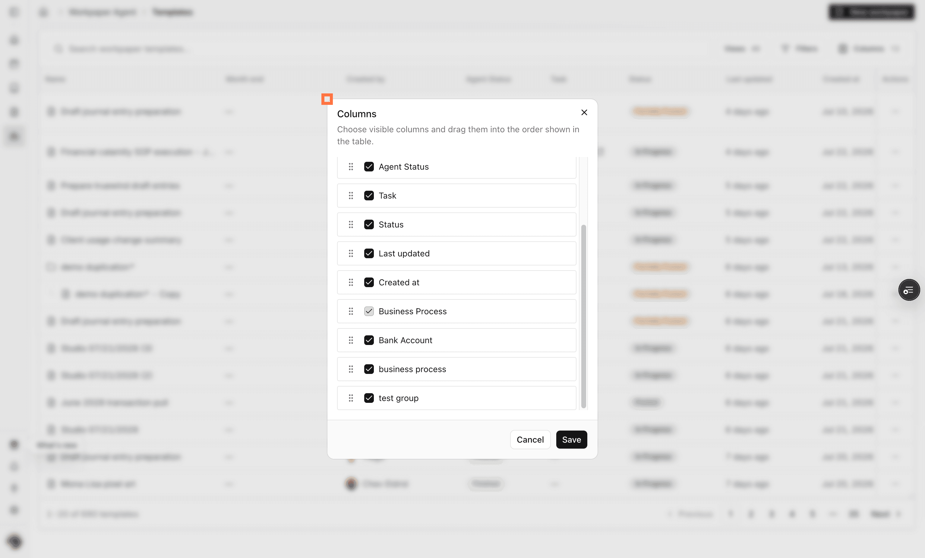 Screenshot showing label group checkboxes in the column picker