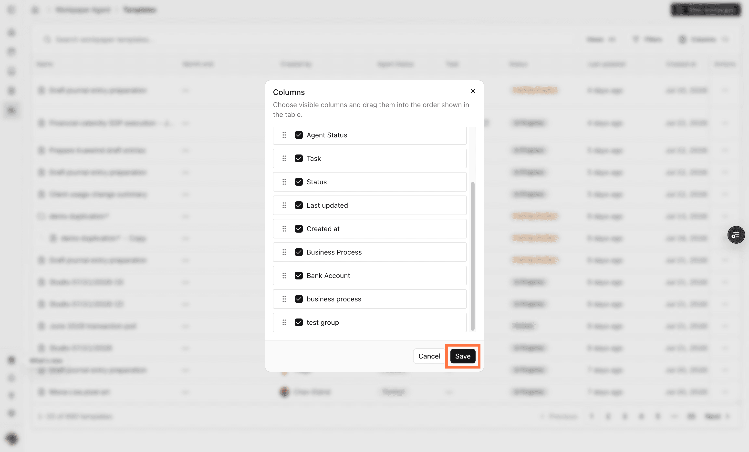 Screenshot showing the Save action in the column picker