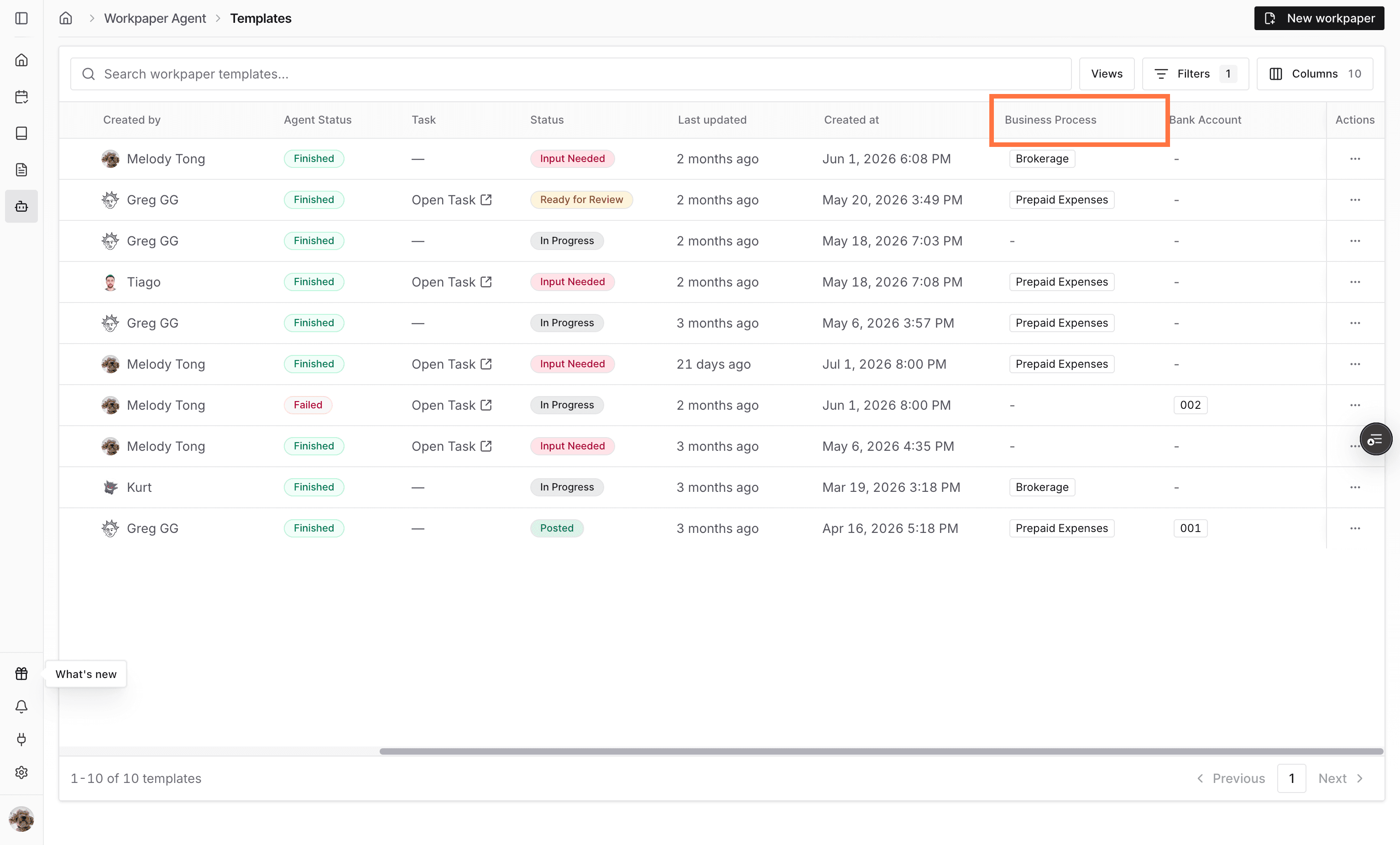 Screenshot showing the Business Process label column in the template list