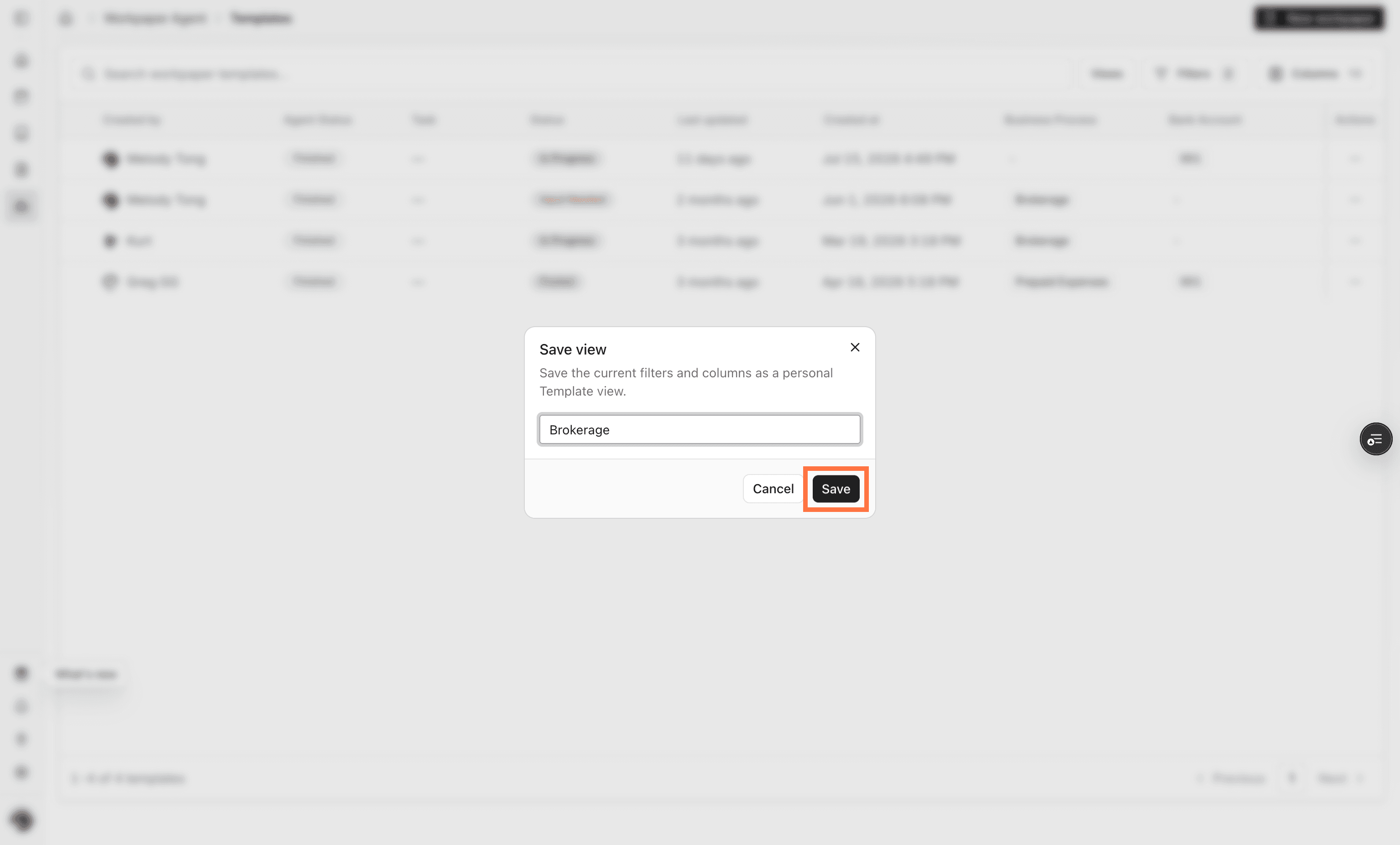 Screenshot showing the Save action for a new view