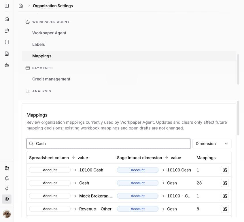 Sage organization mapping settings with spreadsheet values matched to Cash