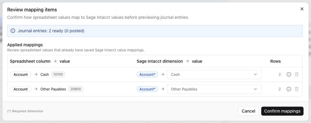Review mapping items showing saved Cash and Other Payables account mappings