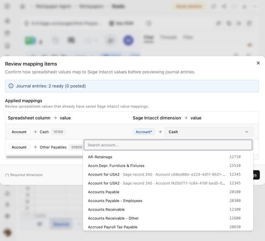 Current-workpaper account mapping picker with searchable Sage records and account codes