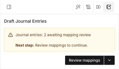 Sage Draft Journal Entries panel above chat showing two entries awaiting mapping review and the Review mappings button