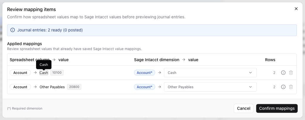 Sage mapping review with required account mappings selected and the Confirm mappings button available