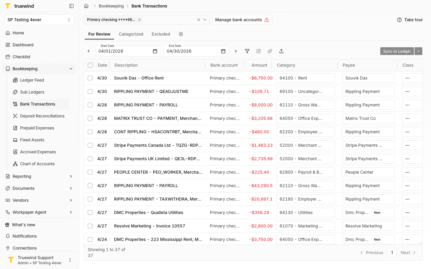 Screenshot showing use the Bookkeeping module to reach the bank connection controls for this client