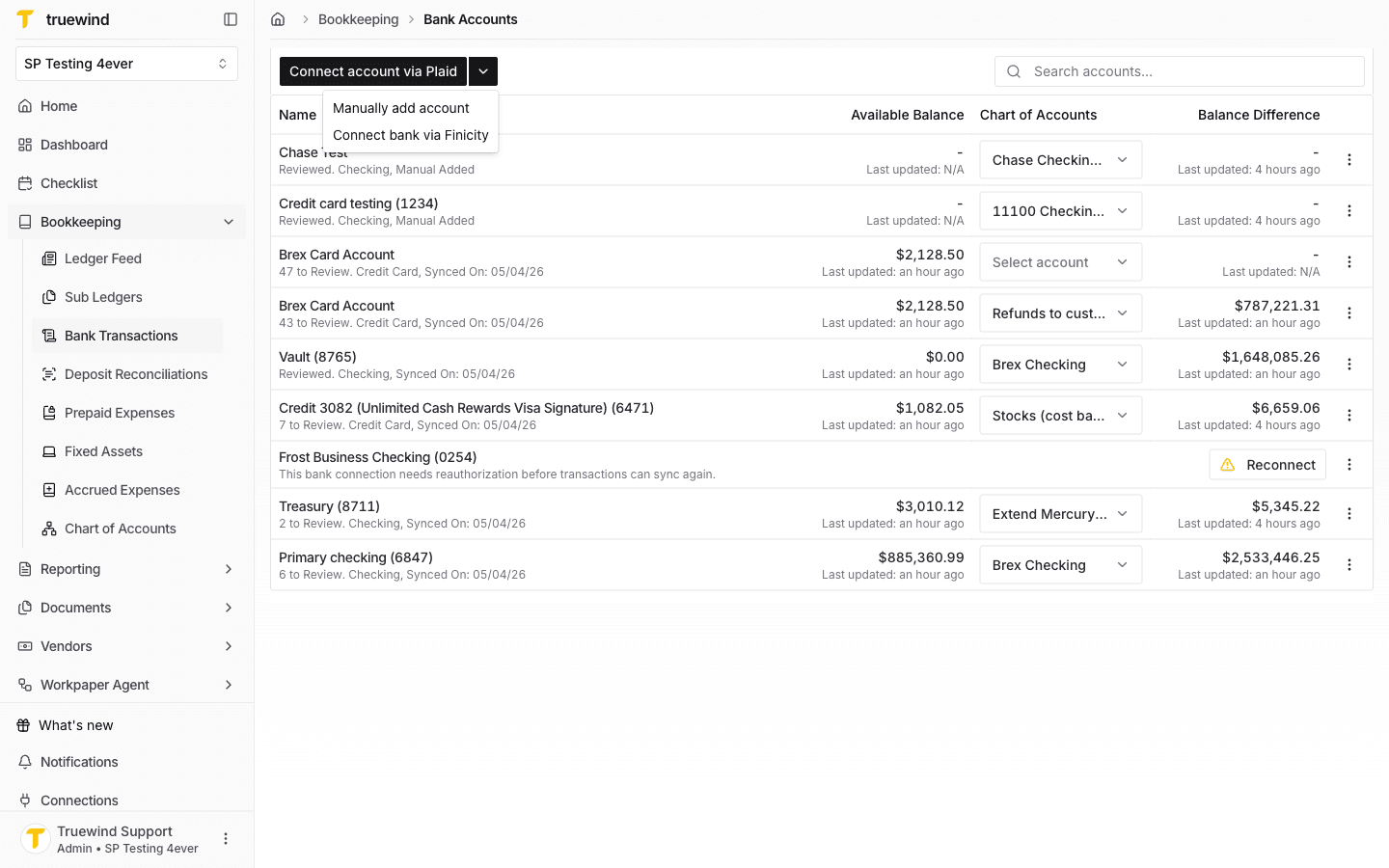 Screenshot showing the bank-feed connection actions live inside the Bank Transactions workspace