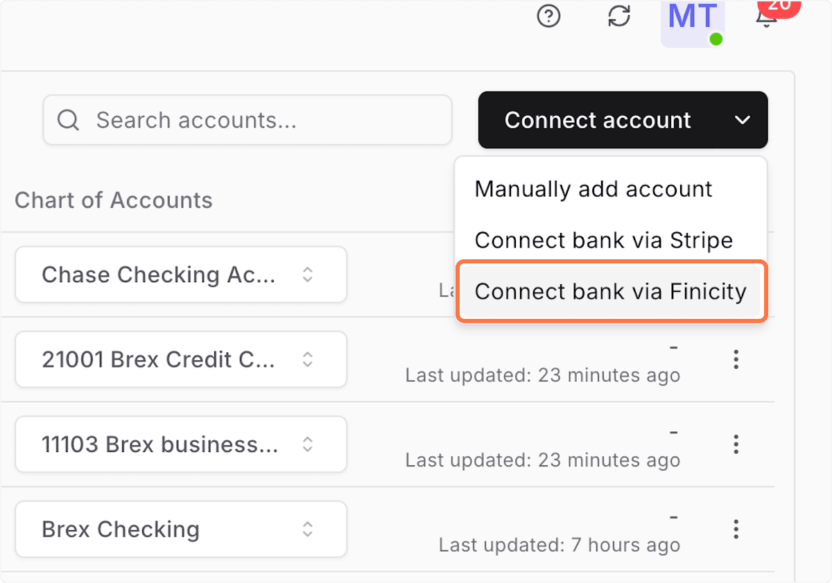 Screenshot showing Click Connect bank via Finicity